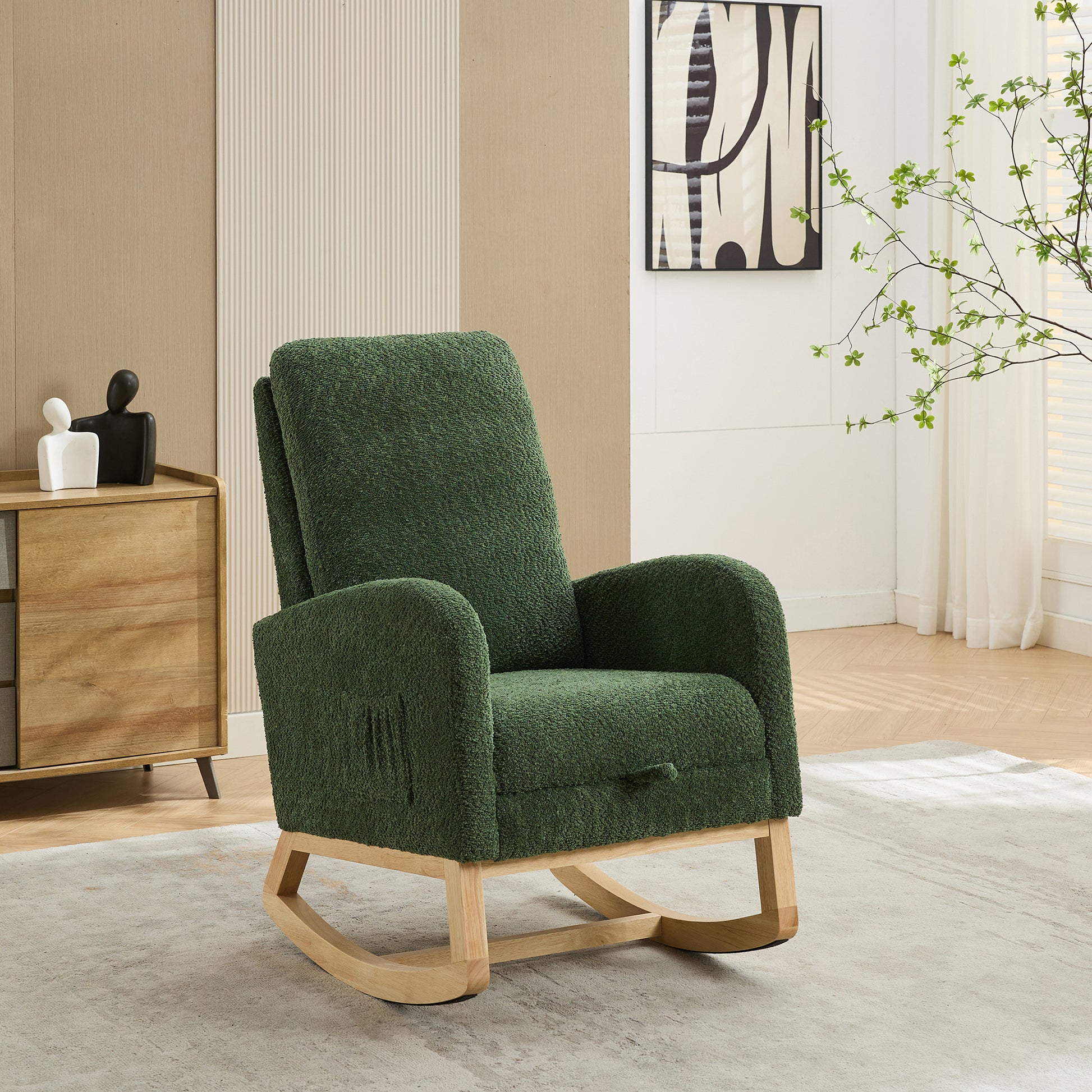 25.4"W Rocking Chair For Nursery, High Back Glider Chair With Retractable Footrest, Side Pocket, Rocking Accent Armchair With Rubber Wood Legs For Living Room Bedroom.Green Green Boucle