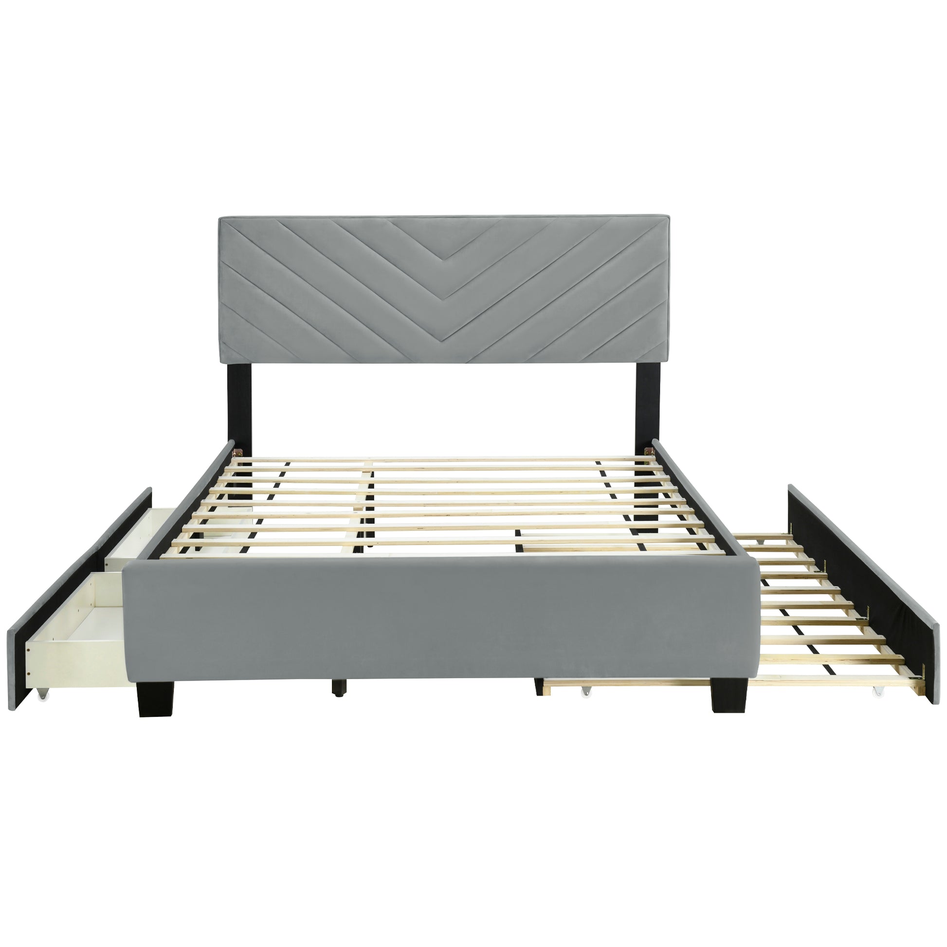 Queen Size Upholstered Platform Bed With Twill Headboard, Pullout Bed And Two Drawers, Flannel,Gray Queen Gray Mdf Lvl