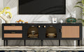 Rattan Tv Stand With 3 Cabinets & 2 Drawers, Rattan Inspired Media Console Table For Tvs Up To 80'', Led Light Entertainment Center, Tv Cabinet For Living Room, Bedroom, Home Theatre Black Primary