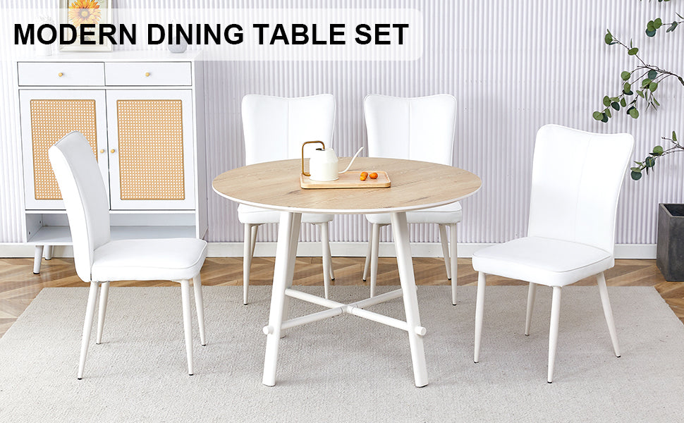 Table And Chair Set, Mdf Desktop, White Metal Table Legs, Stable And Beautiful, Suitable For Most Styles Of Home. Modern Simple Dining Table, Comfortable Seating. White Seats 4 Mdf