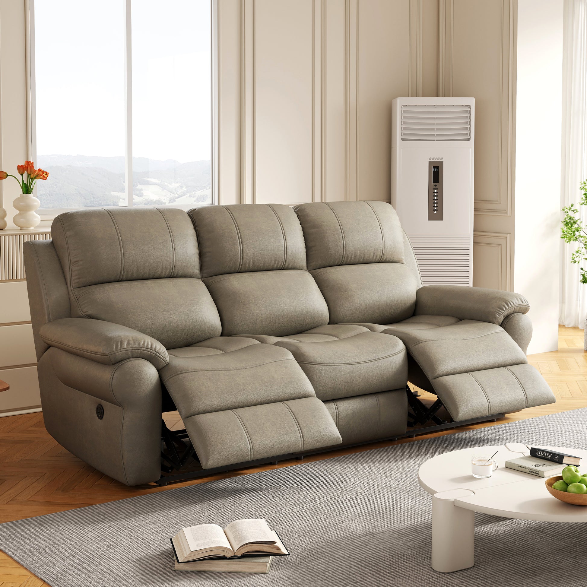 Fabric Power Reclining Sofa With Drop Down Table,Usb Button And Wireless Charger Khaki Khaki Primary Living Space Tech Cloth 3 Seat