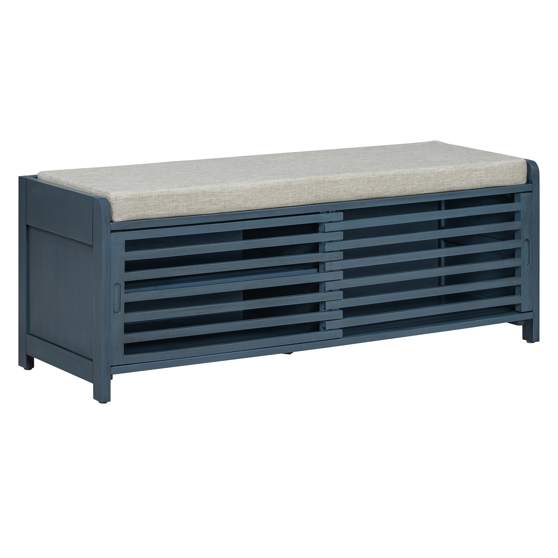 Distressed Shutter Storage Bench With Acacia Veneer For Retro Charm For Living Room, Entryway Navy Navy Mdf