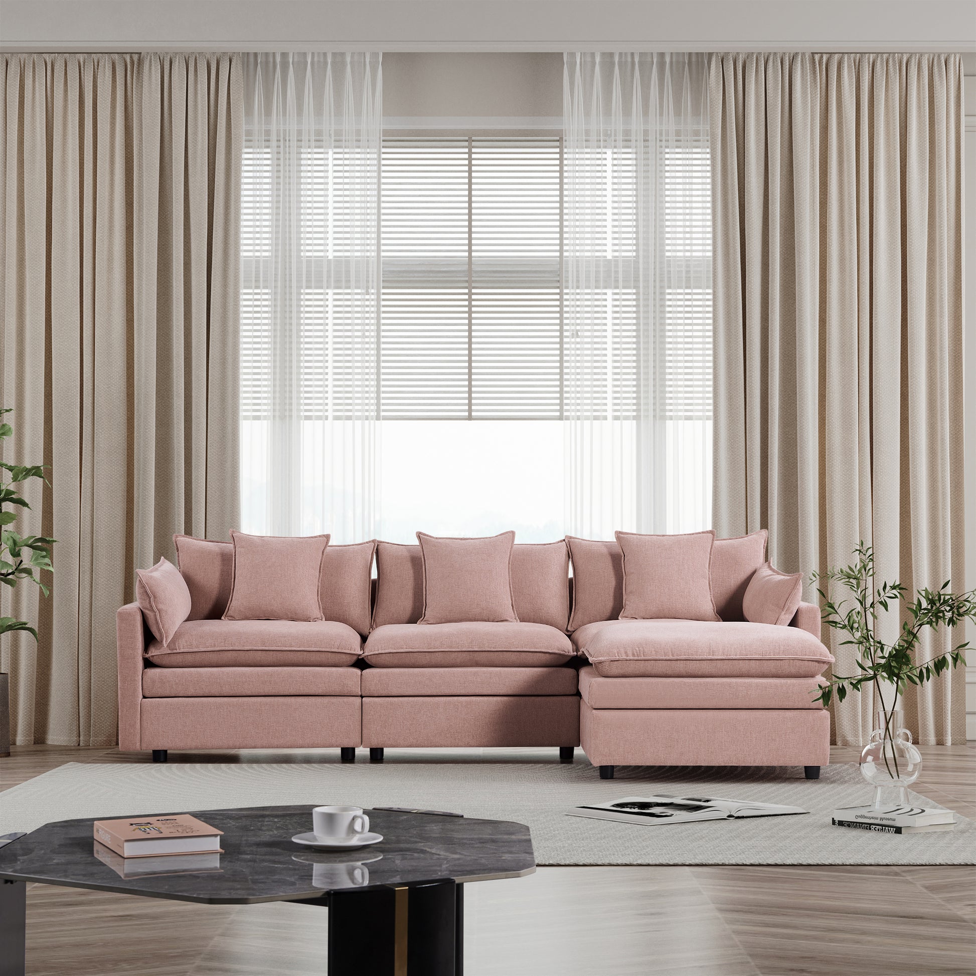 108.66"Modern Chenille L Shaped Sectional Sofa With Convertible Chaise, Comfy Cloud Couch Deep Sectional Sofa With Ottomans For Living Room Pink Wood Foam Chenille 3 Seat