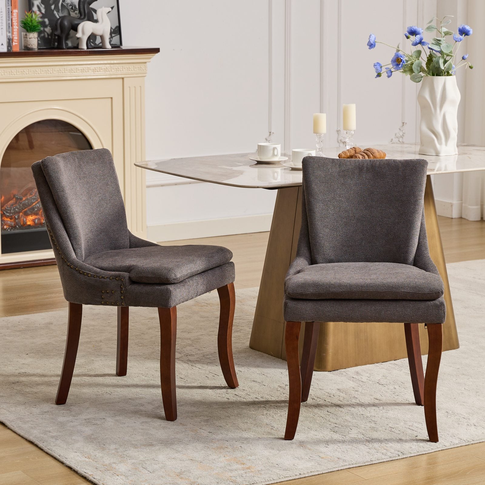 Modern Dining Chairs Set Of 2,Double Layer Cushioned Chenille Fabric Upholstered Accent Side Leisure Chairs With Mid Back And Curved Solid Wood Legs For Living Room Dining Room Gray Gray Dining Room American Design Dining Chairs Rubberwood Set Of 2 Foam