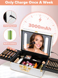 Portable Makeup Case With Led Mirror Travel Makeup Bag Cosmetic Organizer Box With Locks, Brush Holder, Dividers, Rechargeable, White White Aluminium Alloy