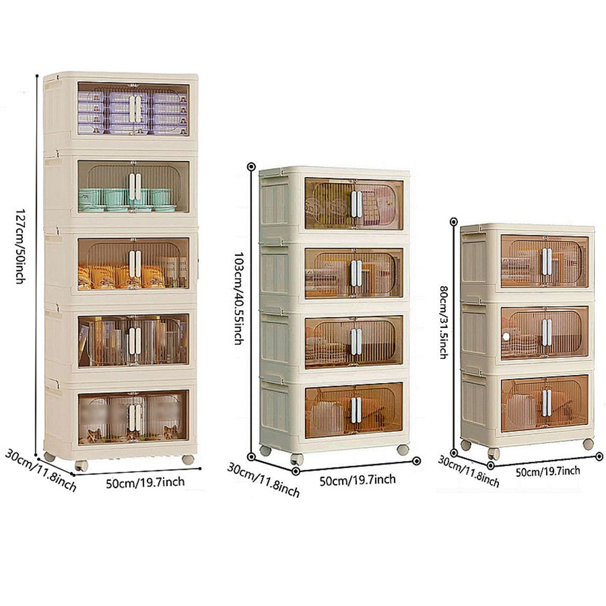 19.69" Side Wide Folding Storage Cabinet ,5 Tiers,19.69" 11.81" 50.00",Collapsible Storage Bins With Magnetic Door, Plastic Storage Cabinet With Wheels, Closet Organizers And Storage Containers Cream White Plastic