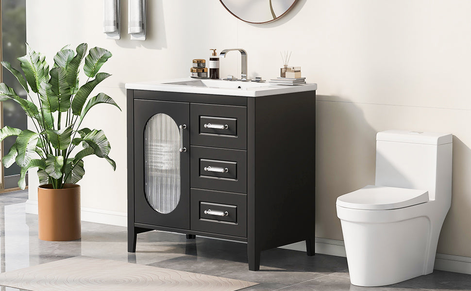 30" Bathroom Vanity With Sink, Bathroom Vanity Cabinet With Two Drawers And Door, Adjustable Shelf, Solid Wood And Mdf, Black Black Solid Wood Mdf