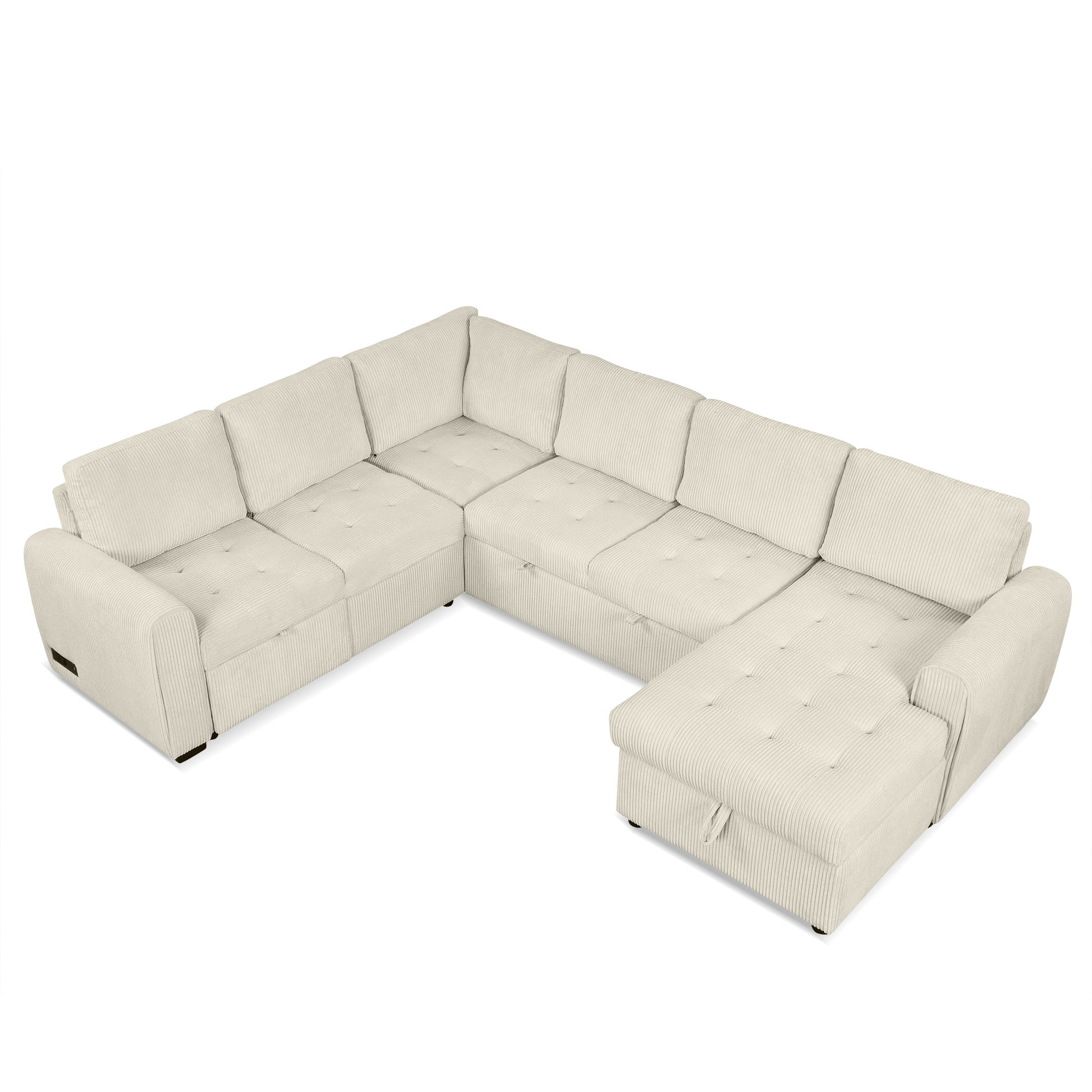 107.5" U Shaped Sofa Sectional Sofa Pull Out Sofa Bed With A Storage Chaise Lounge, Charging Devices For Living Room, Beige Beige Foam Corduroy 5 Seat