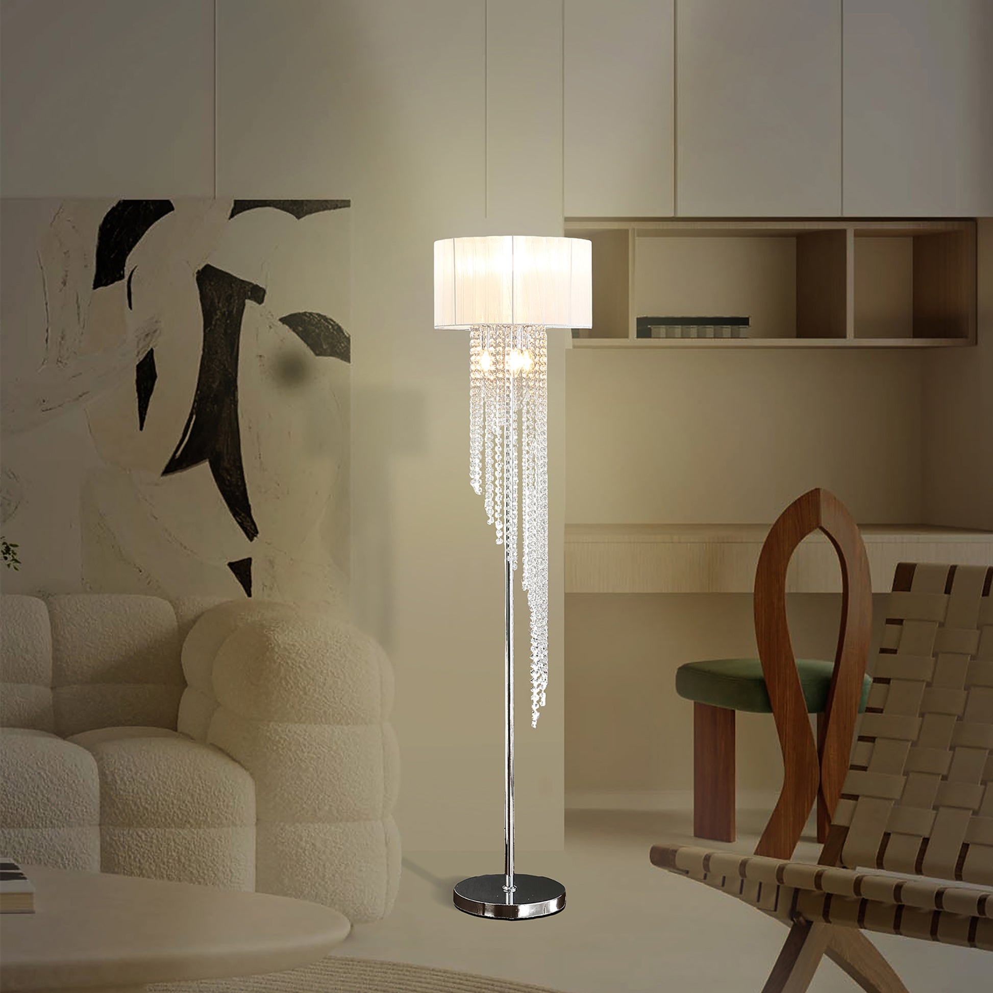 65.75"H Sheer White Drum Shade Rain Crystal Chrome Metal Floor Lamp For Living Room, Standing Lamp For Bedroom Silver White Metal