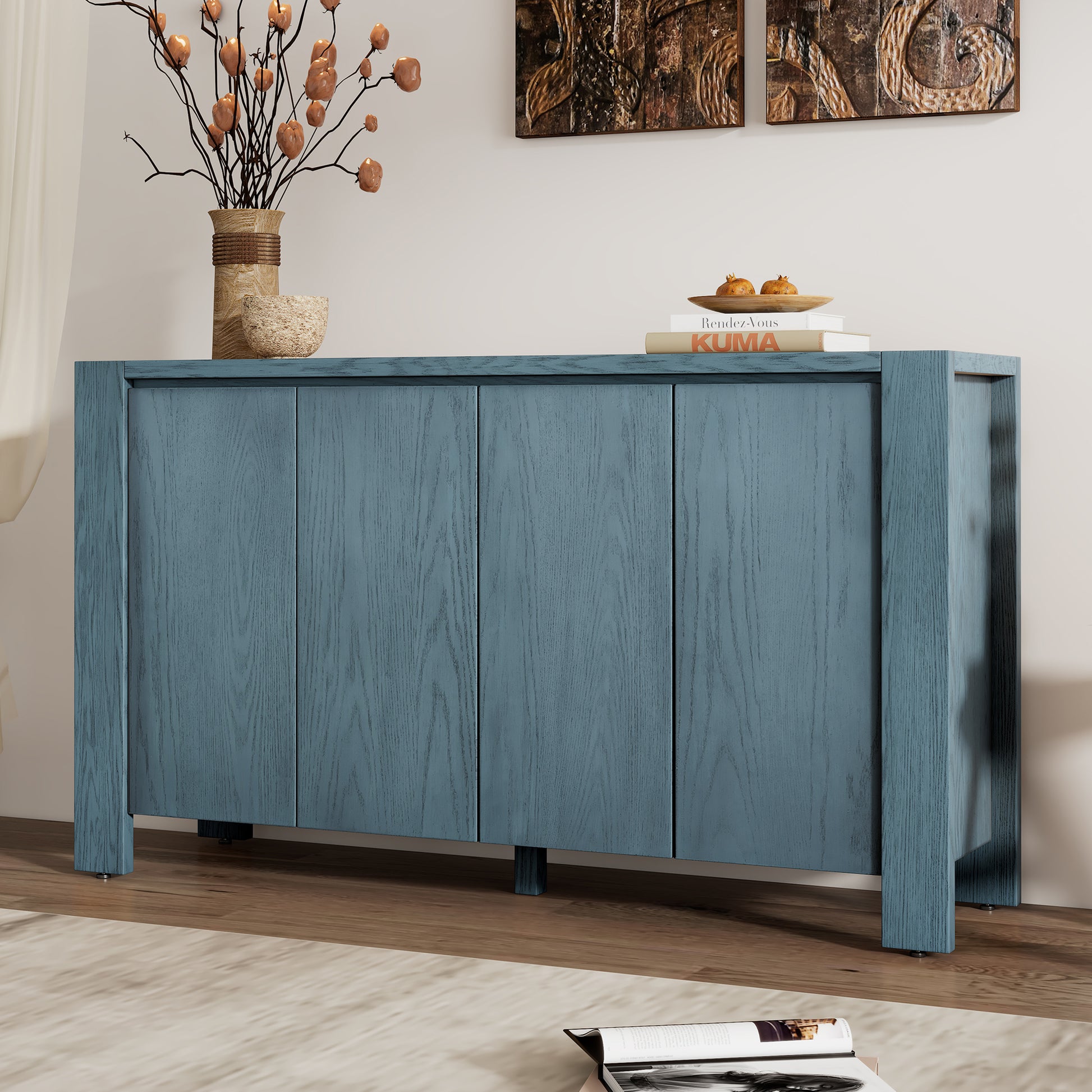 Retro 4 Door Sideboard With Distressed Finish And Adjustable Shelves For Dining Room, Kitchen, And Living Room Navy Navy Mdf,Rubber Wood