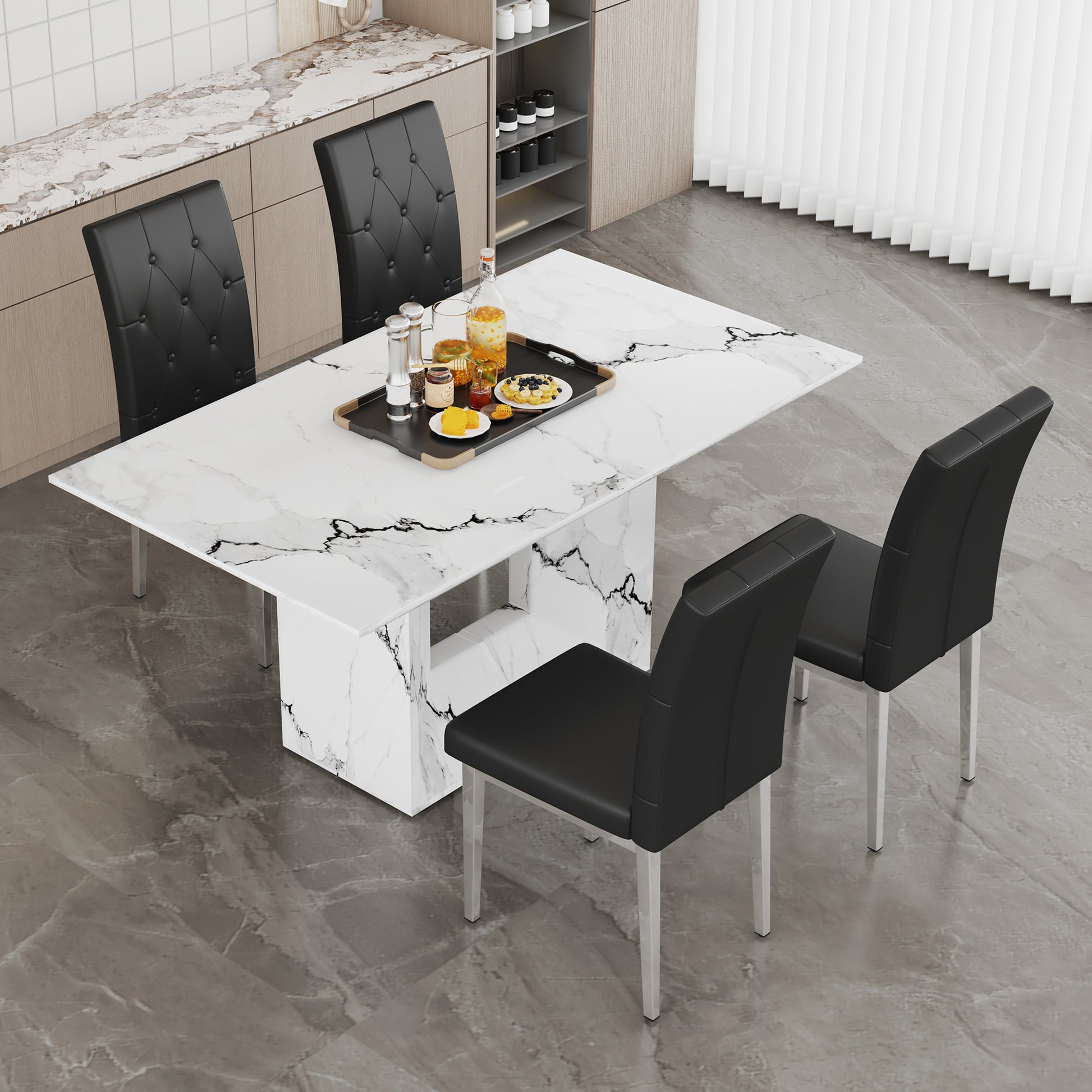 Table And Chair Set.63"X35.4" White Marble Patterned Mdf Dining Table Set With 4 Armless Black Pu Chairs.Showcasing A Modern And Stylish Look. Black,White Seats 4 Mdf Metal