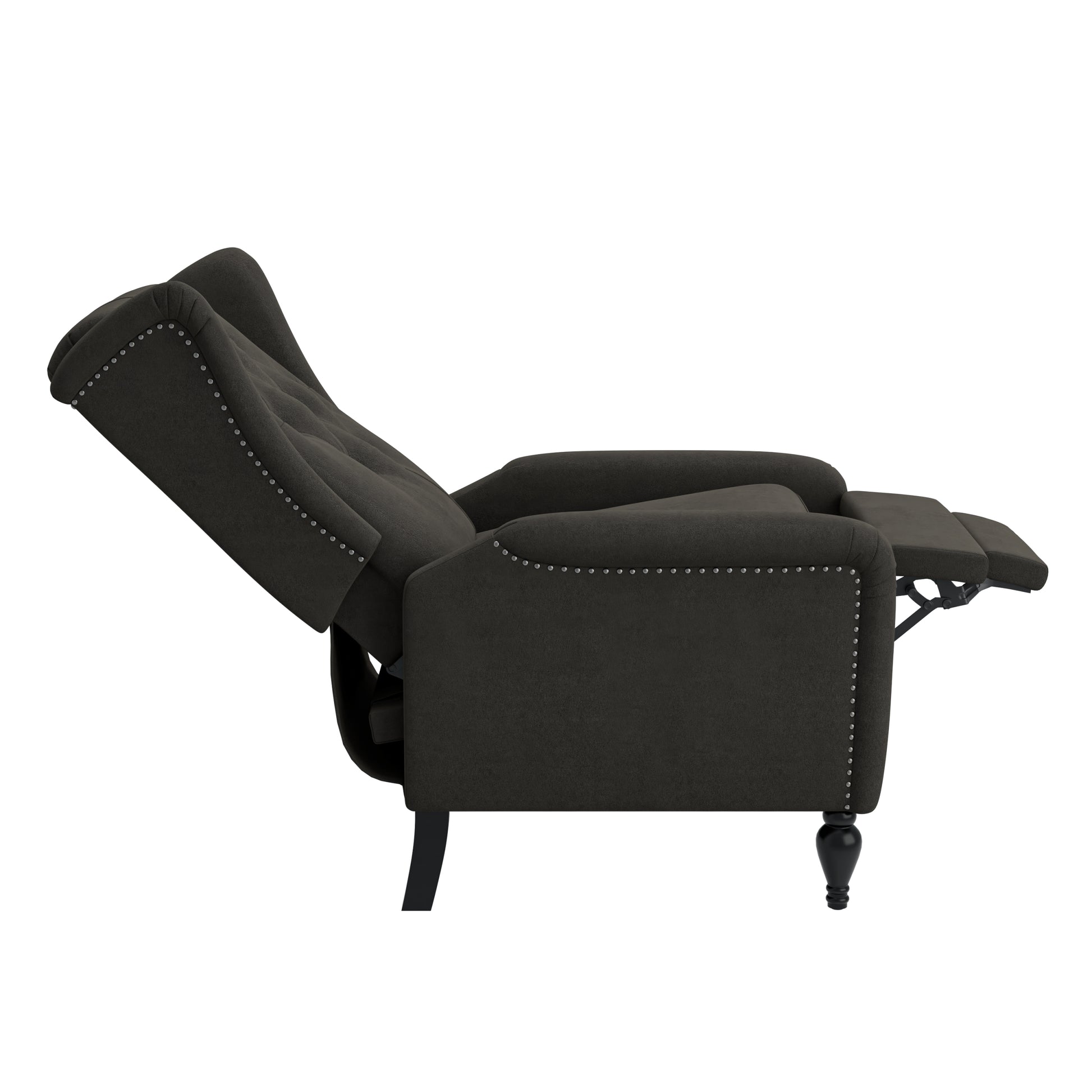 The Haven Recliner Charcoal Grey Espresso Velvet Manual Push Back Wood Soft Loose Back Poplar Flared Arms Polyester