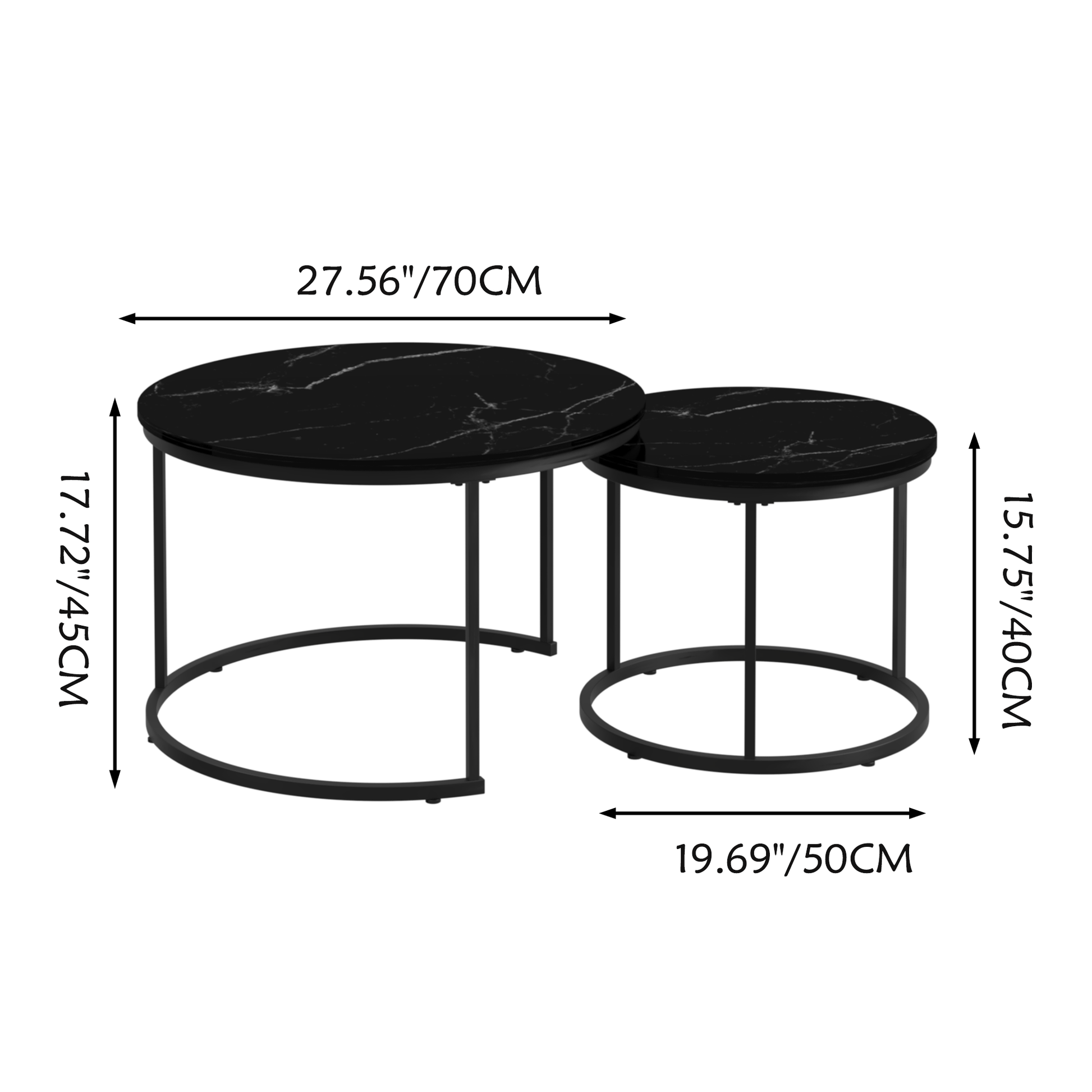 Nesting Coffee Table Set Of 2, 27.6Inch Round Coffee Table Wood Marble Pattern Top With Sturdy Metal Frame, End Table Side Tables For Living Room Bedroom Balcony Yard Black Black Wood Metal