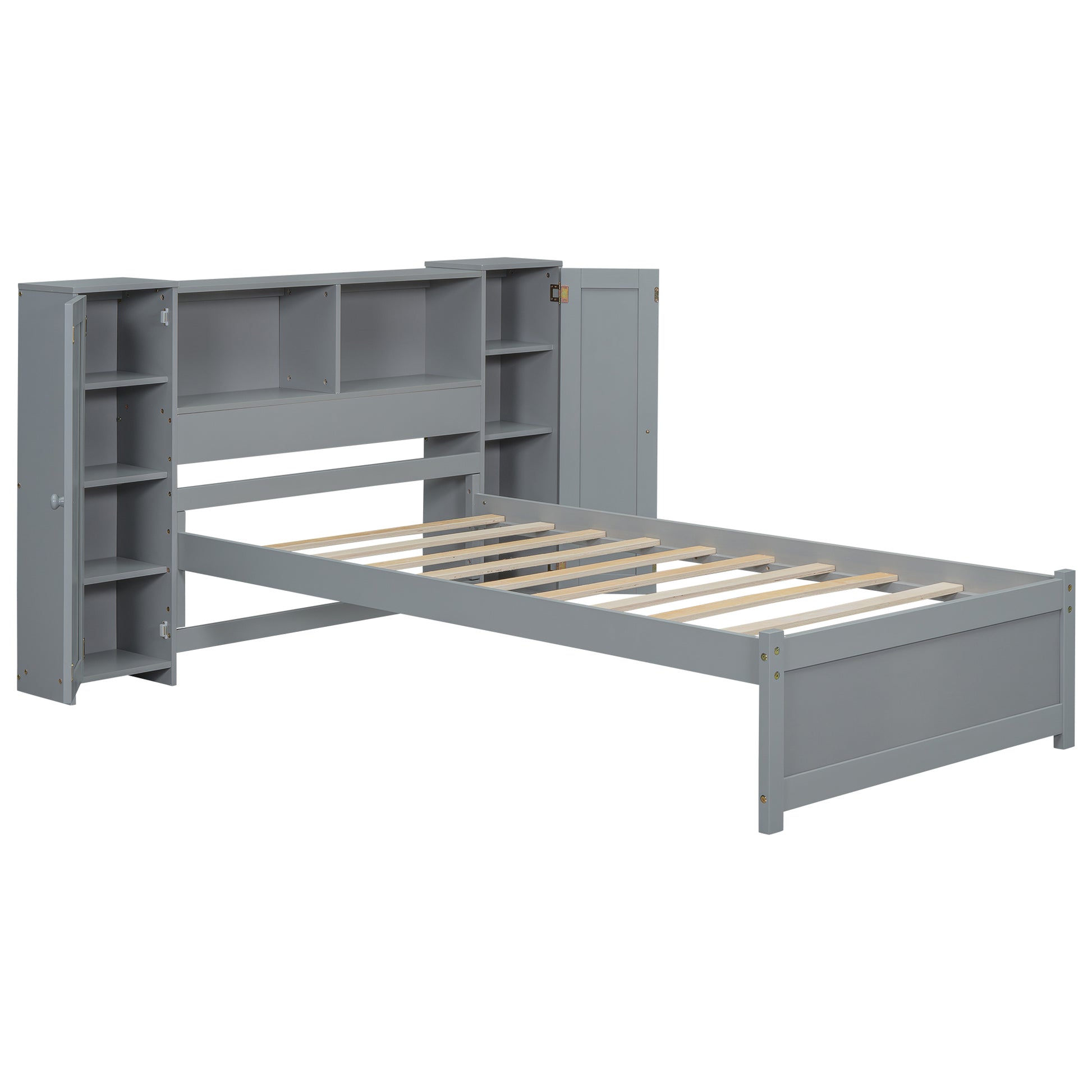 Twin Size Platform Bed With Storage Headboard And Lockers, Gray Twin Box Spring Not Required Gray Wood Bedroom Solid Wood Mdf
