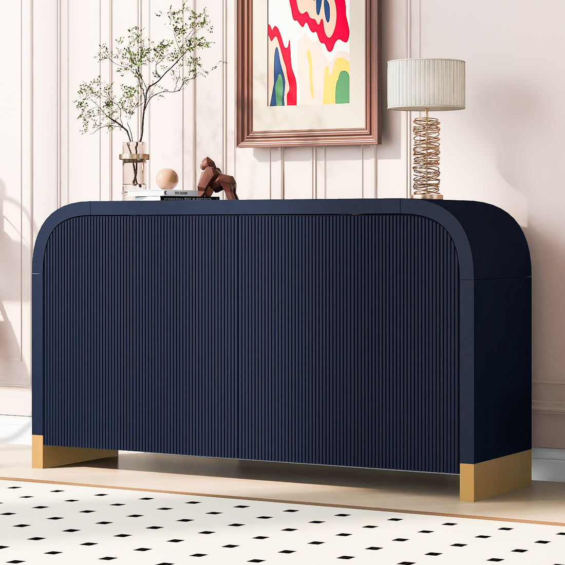 4 Door Curved Corner Design Wavy Door Panel Cabinet With Adjustable Shelves, Suitable For Study, Living Room And Entrance Navy Blue Mdf