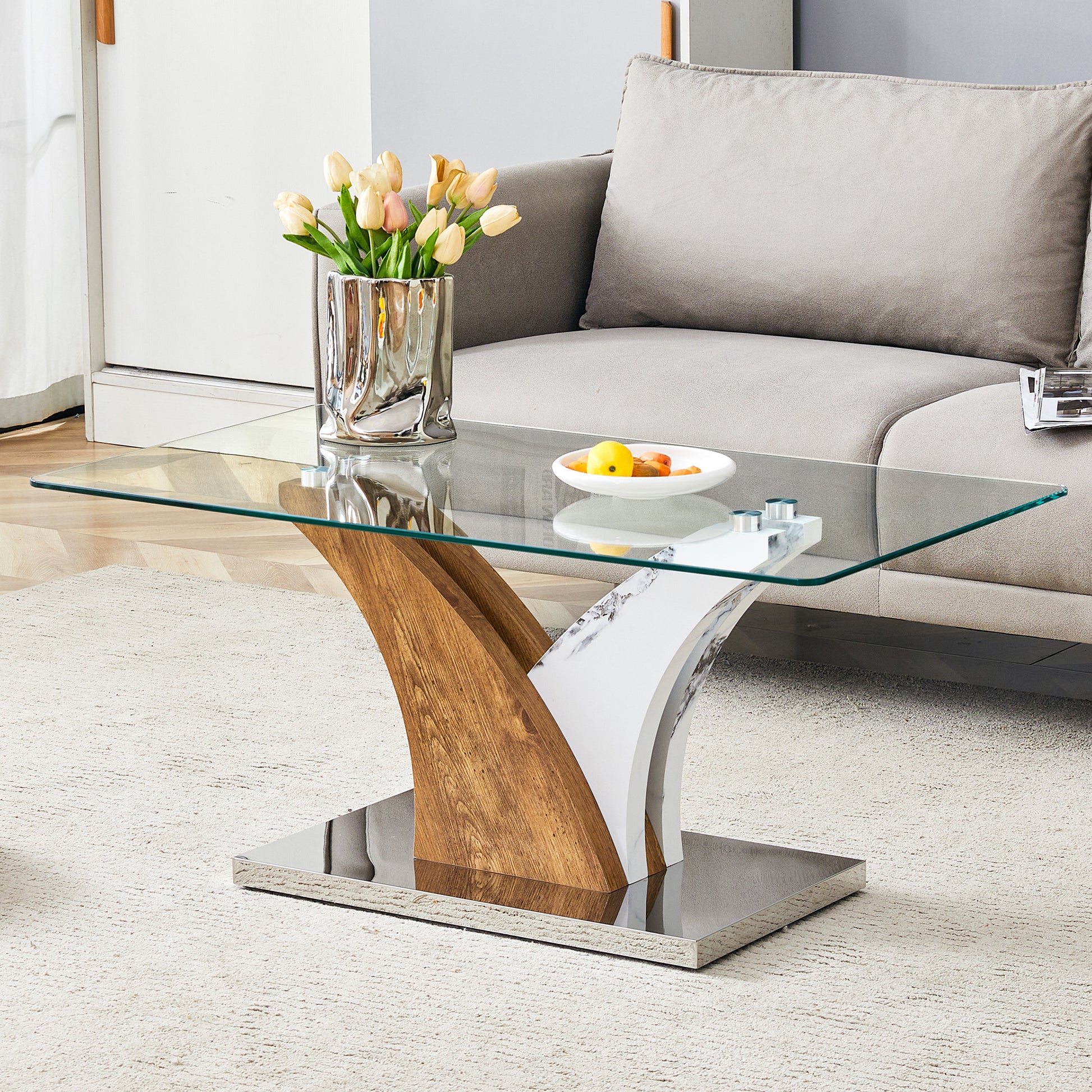 Rectangular Coffee Table.Tempered Glass Countertop, And Artistic Mdf Legs,Perfect For Hosting Dinners, Conferences, Home, And Office Decorations.White And Wood,Dining Table,Tea Table.Coffee Table.