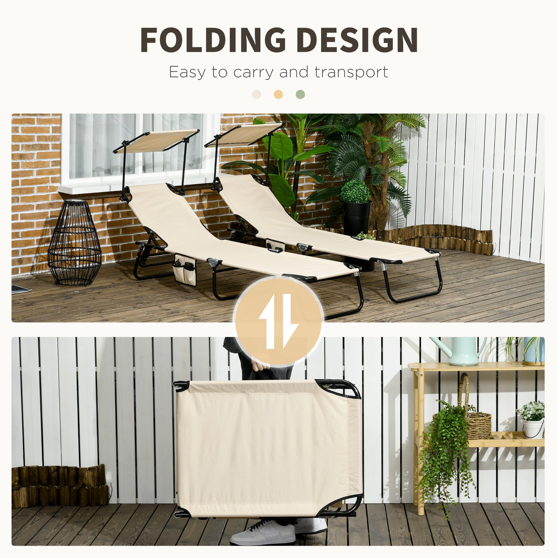 Outsunny Folding Chaise Lounge Pool Chairs, Outdoor Sun Tanning Chairs With Canopy Shade, Reclining Back, Steel Frame And Side Pocket For Beach, Yard, Patio, Tan Brown Steel