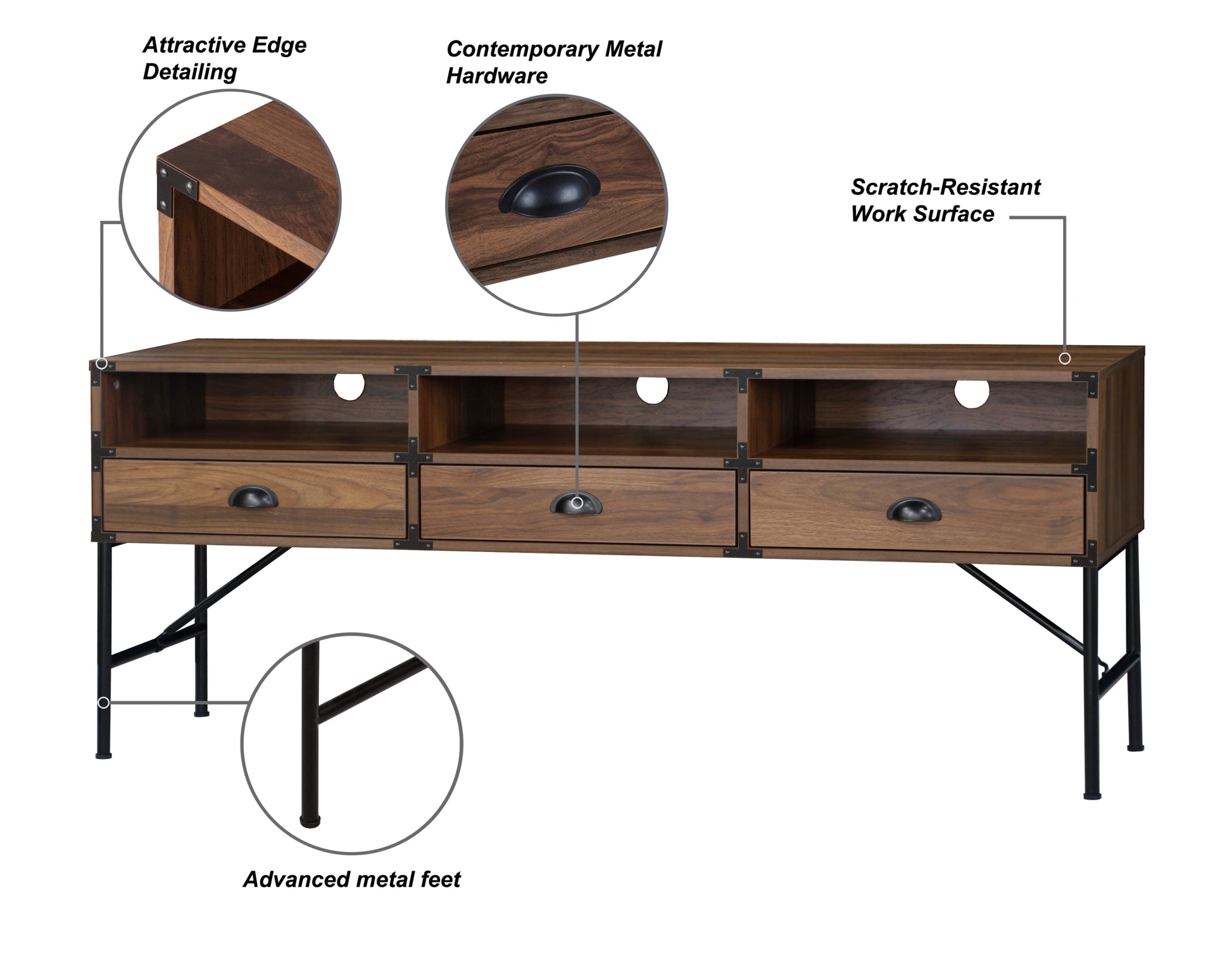 59" Tv Stand "Chic Walnut Media Console With Cable Management And Adjustable Metal Feet Walnut Solid Wood