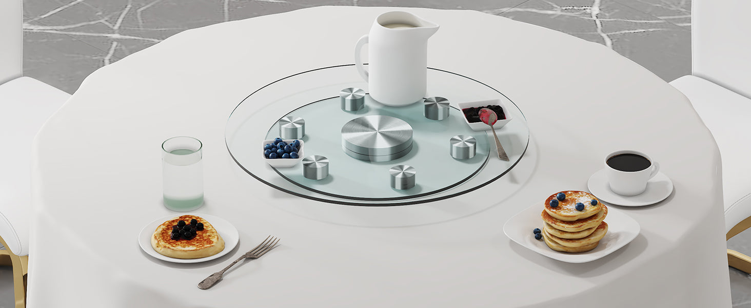 Double Layer Rotatable Round Glass.The Rotatable Design Makes It More Convenient To Retrieve And Place Items.The Upper Glass Has A Diameter Of 20 Inches, While The Lower Glass15 Inches. Transparent Glass