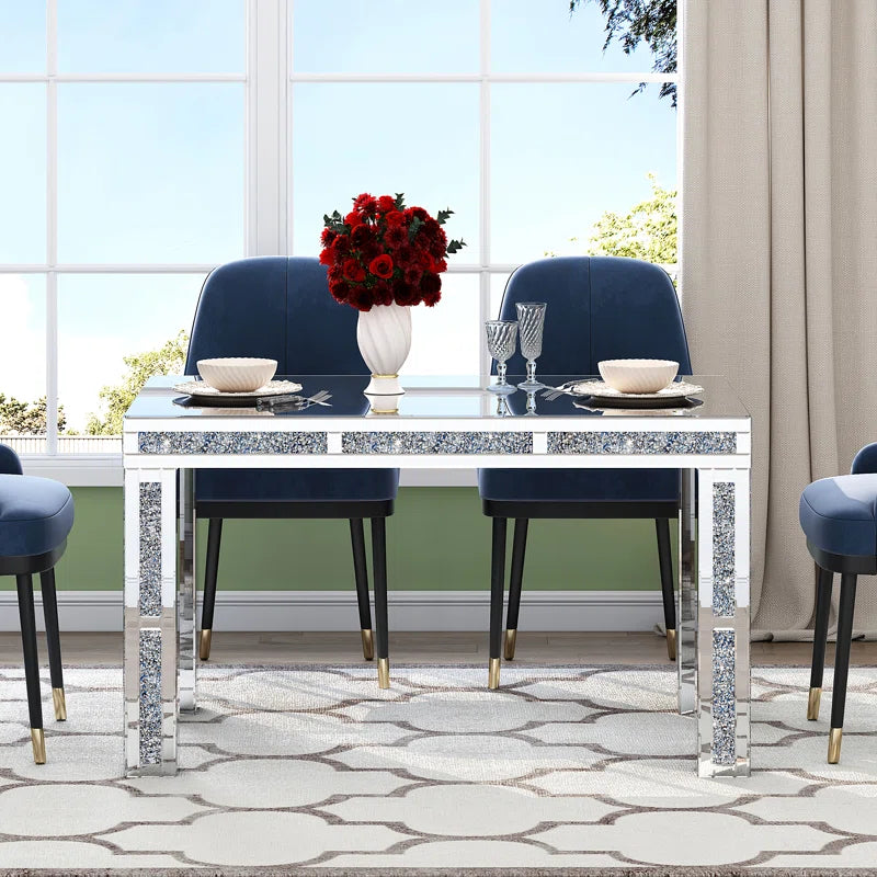 51.18" Mirrored Glass Dining Table With 4 Legs And Crushed Diamond Inlay Silver Seats 6 Mirrored Finish Desk And Hutch Primary Living Space Modern Freestanding Rectangular Kitchen & Dining Tables