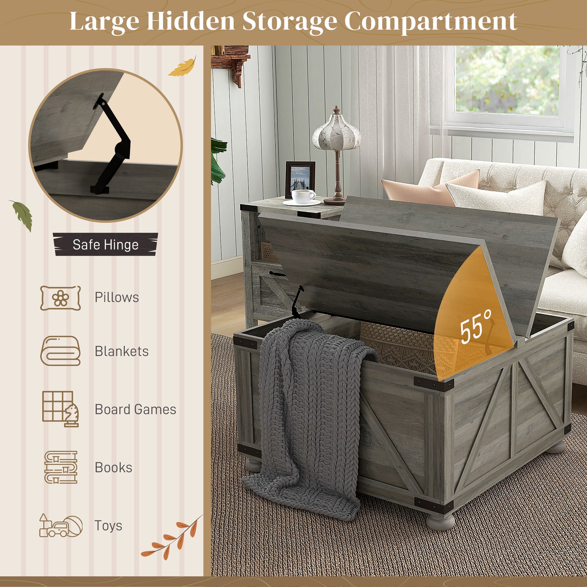 Homcom Farmhouse Coffee Table, Square Coffee Table With Storage For Living Room, Center Table With Hinged Flip Lift Top And Hidden Space, Distressed Gray Gray Particle Board