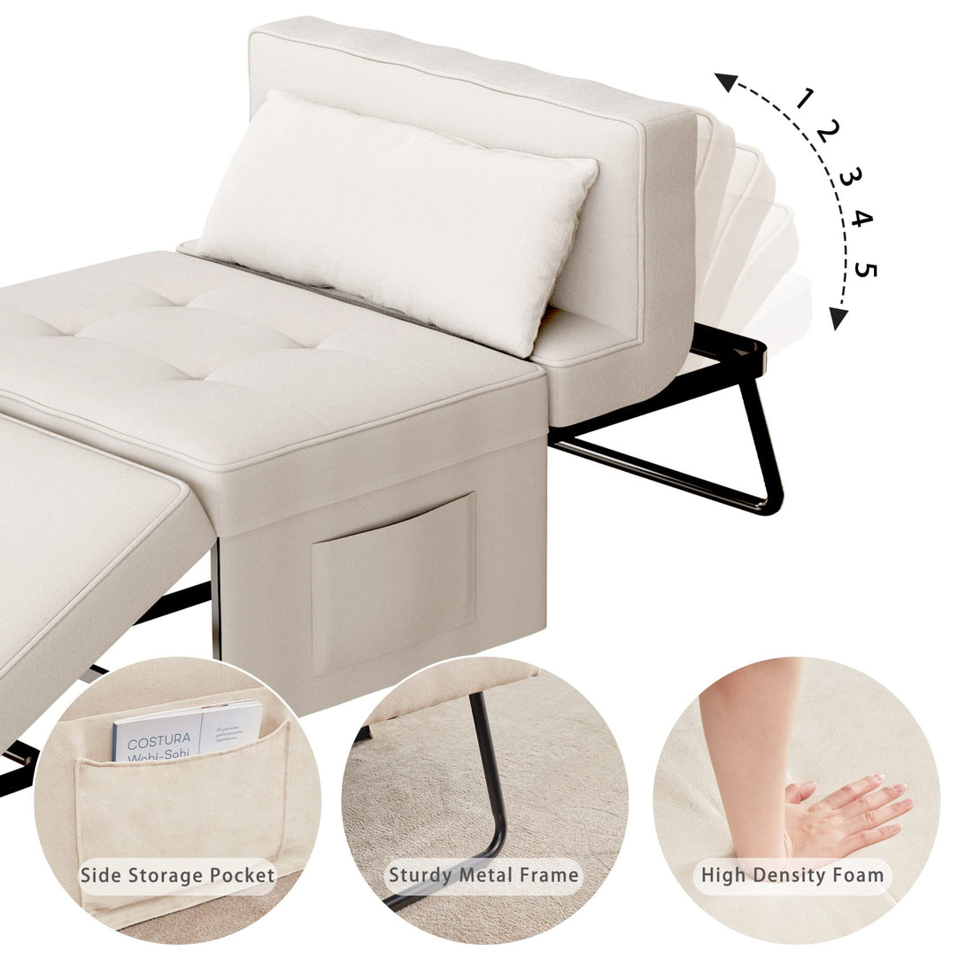 Sofa Bed,Chair Bed,Sleeper Couch,4 In 1 Multi Function Folding Ottoman Bed With Slide Storagepocket For Living Room,Bedroom,Hallway,Beige Beige Espresso Bedroom Mid Century Modern Oak Upholstered Fabric