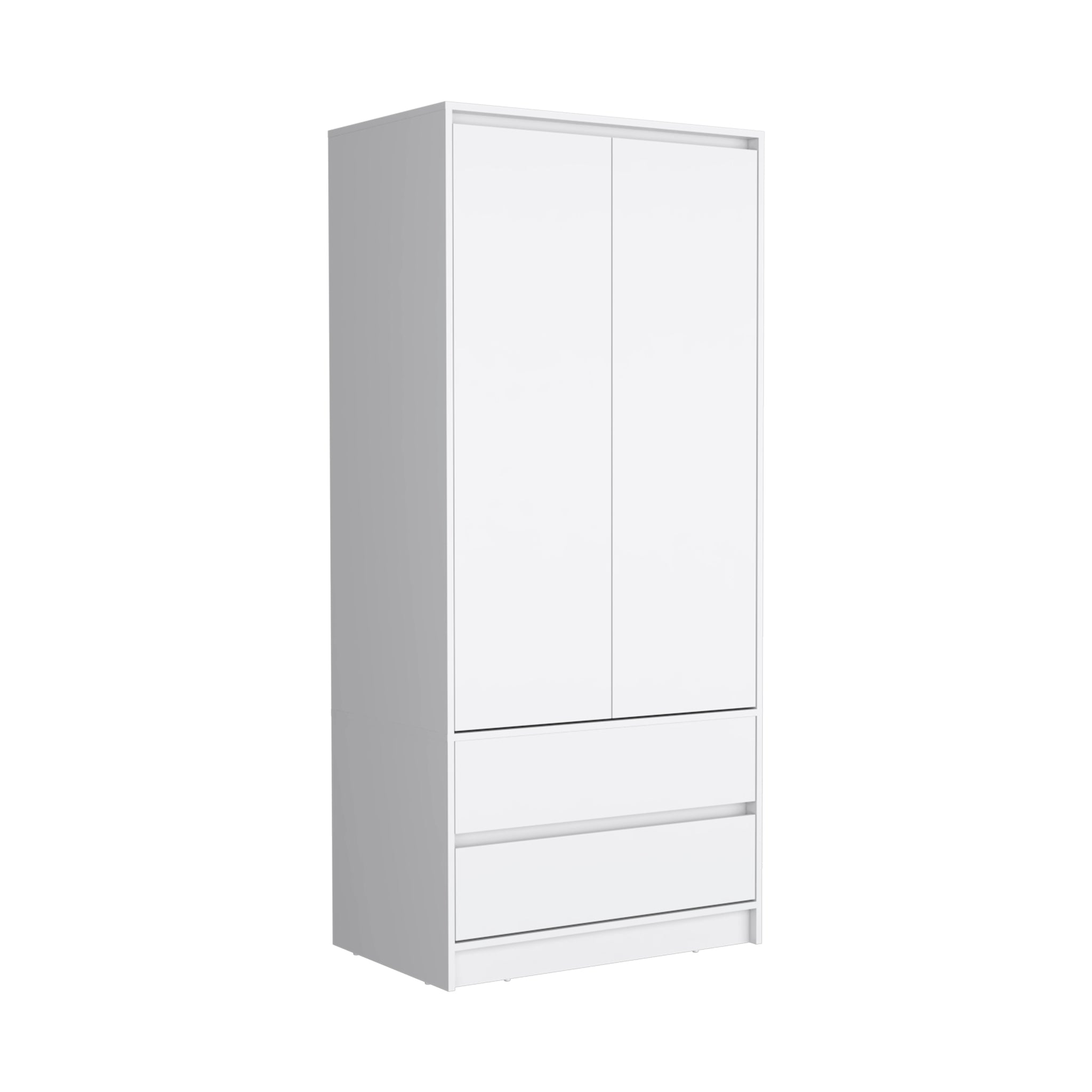 Armoire, Wardrobe Closet With Two Drawers,Hanging Rod, White White Solid Wood Mdf Engineered Wood