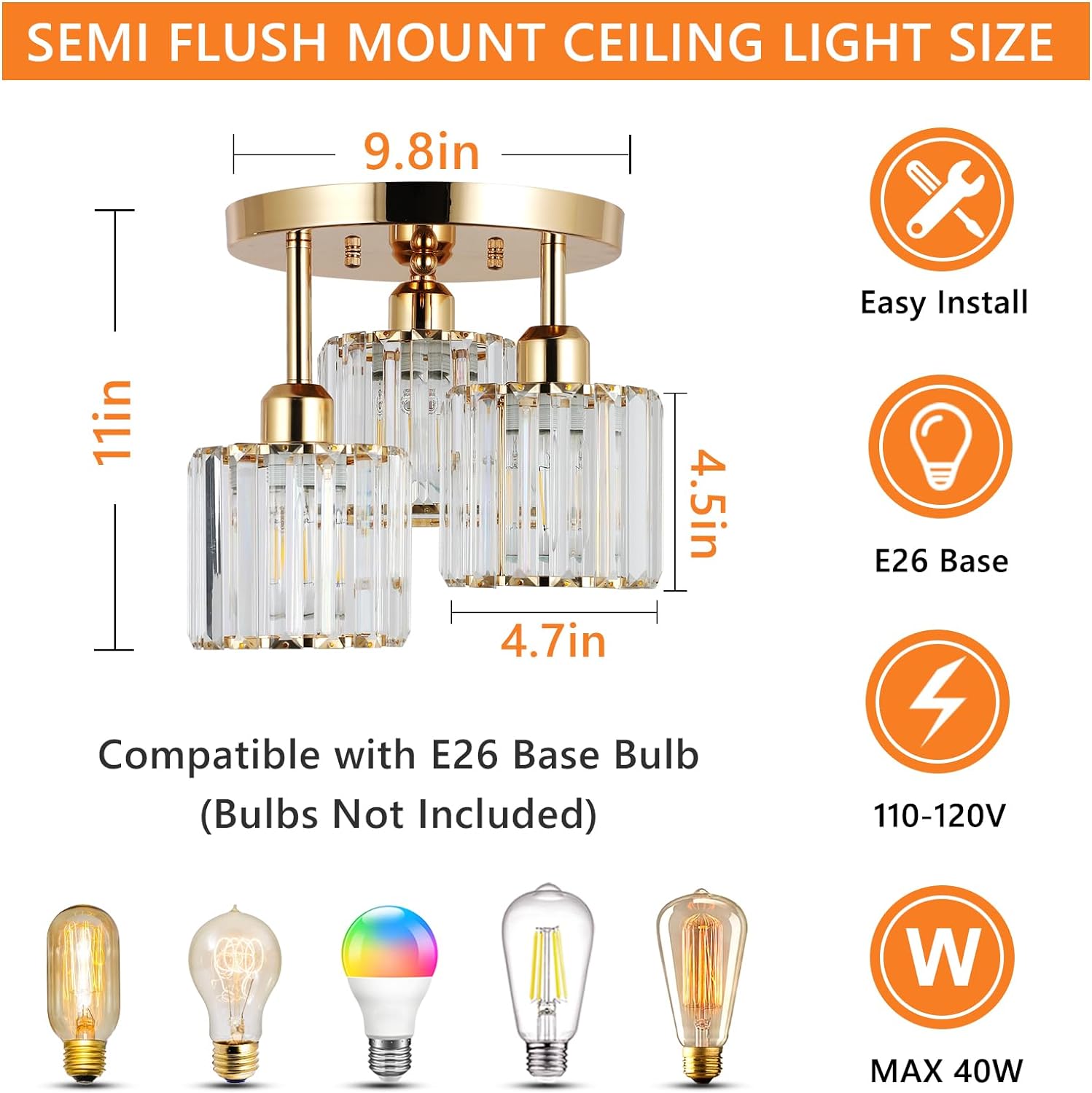 Modern Semi Flush Mount Ceiling Light,3 Light Crystal Close To Ceiling Light Fixtures,Golden Kitchen Light Fixtures With Clear Crystal Shade,Hallway Light Fixtures For Hallway Bedroom Bathroom Golden Crystal