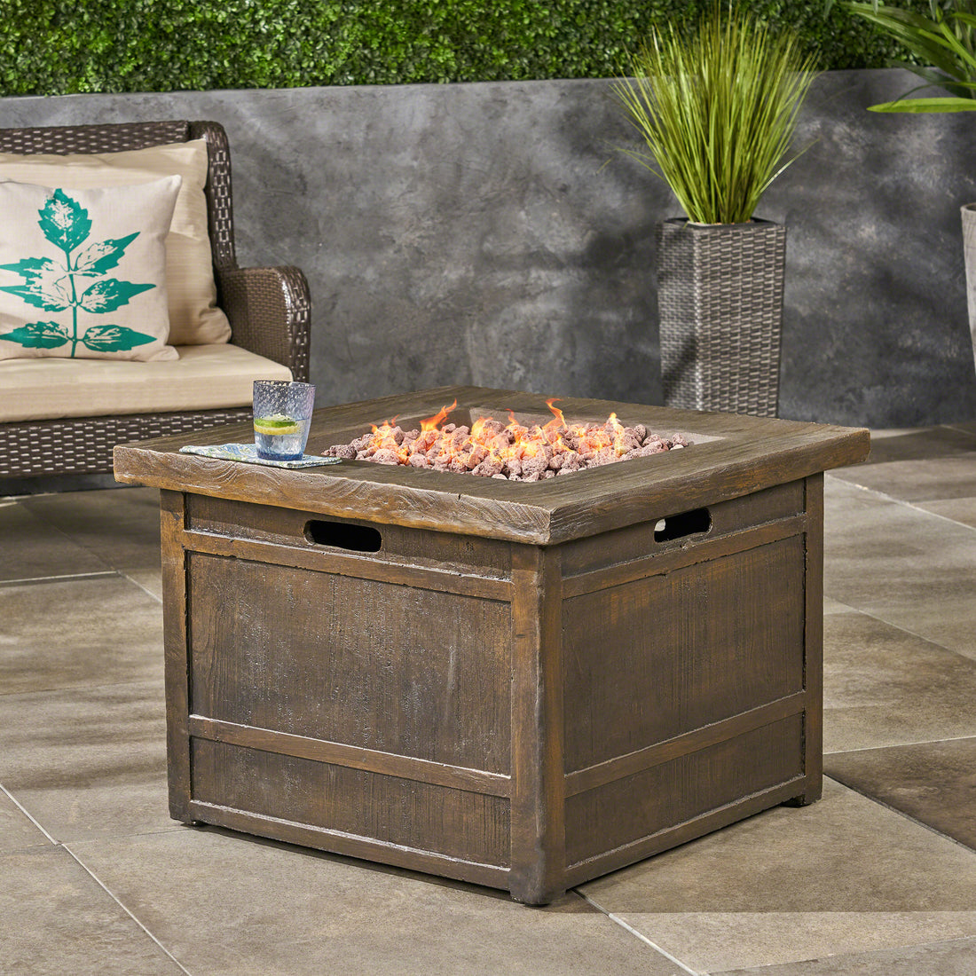 50,000 Btu Outdoor Lightweight Concrete Gas Burning Fire Pit By 32", Brown Wood Magnesium Oxide