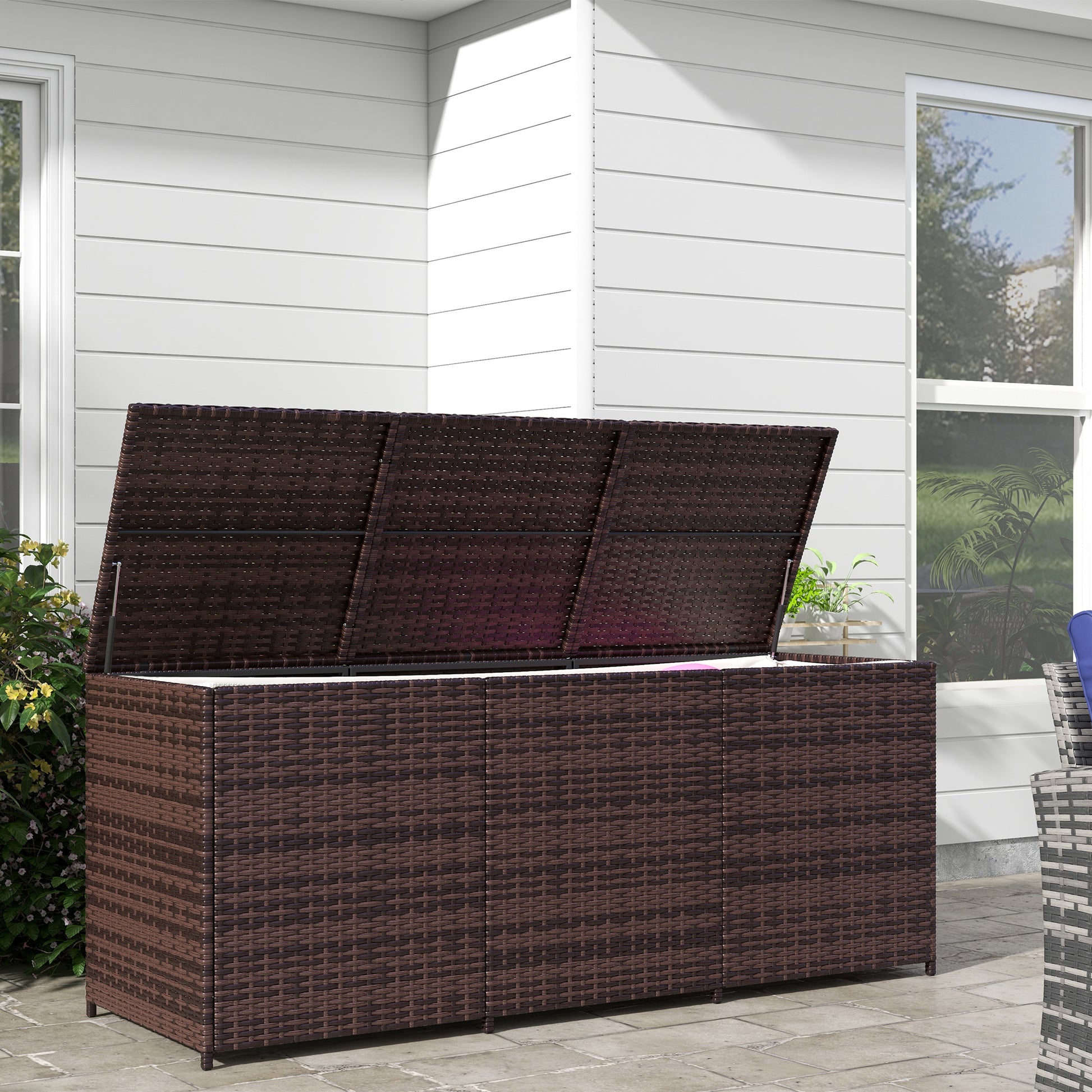 Outsunny 175 Gallon Outdoor Storage Box With Inner Liner, Pe Rattan Wicker Deck Box With Pneumatic Bar Lift For Indoor & Outdoor, Patio Furniture Cushions, Pool Toys, Garden Tools, Mixed Brown Brown Steel
