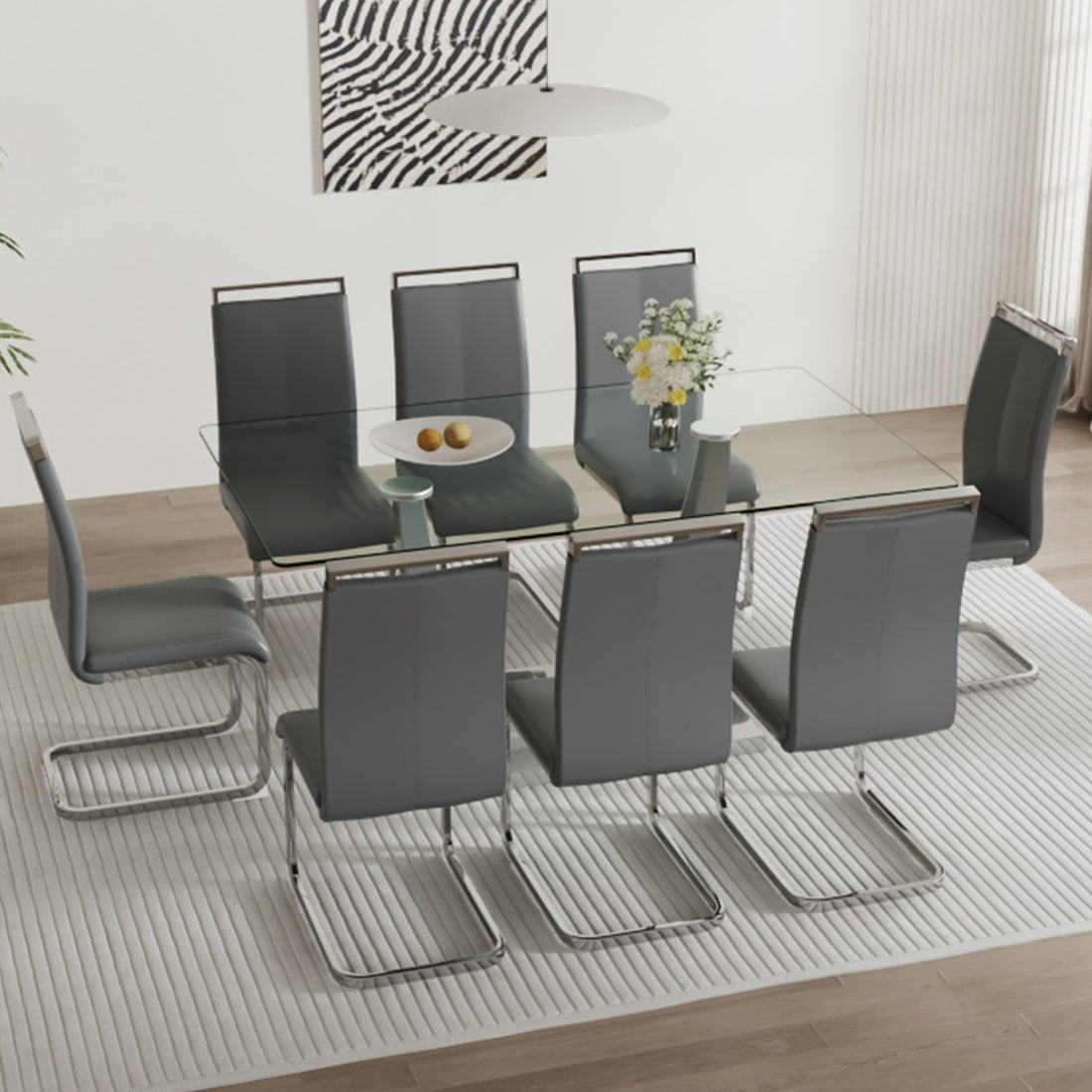 Table And Chair Set. Large Modern Rectangular Table With Glass Top And Silver Metal Legs. Furnished With Soft And Comfortable Pu Chairs With Faux Leather Upholstered Seats And Silver Metal Legs. Gray Silver Seats 8 Glass Metal