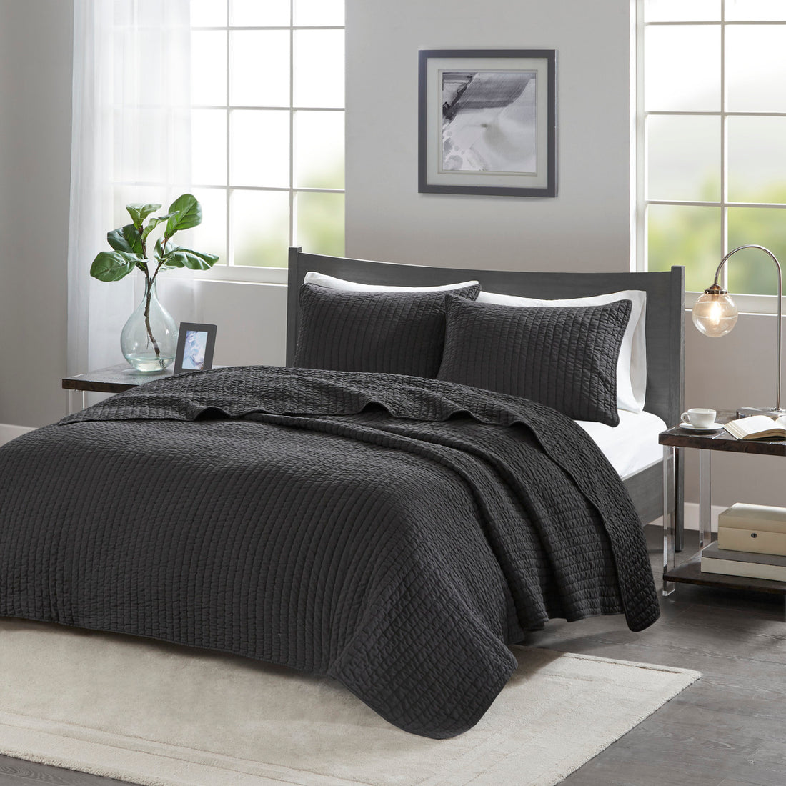 3 Piece Quilt Set Black King Cal King King Black Microfiber