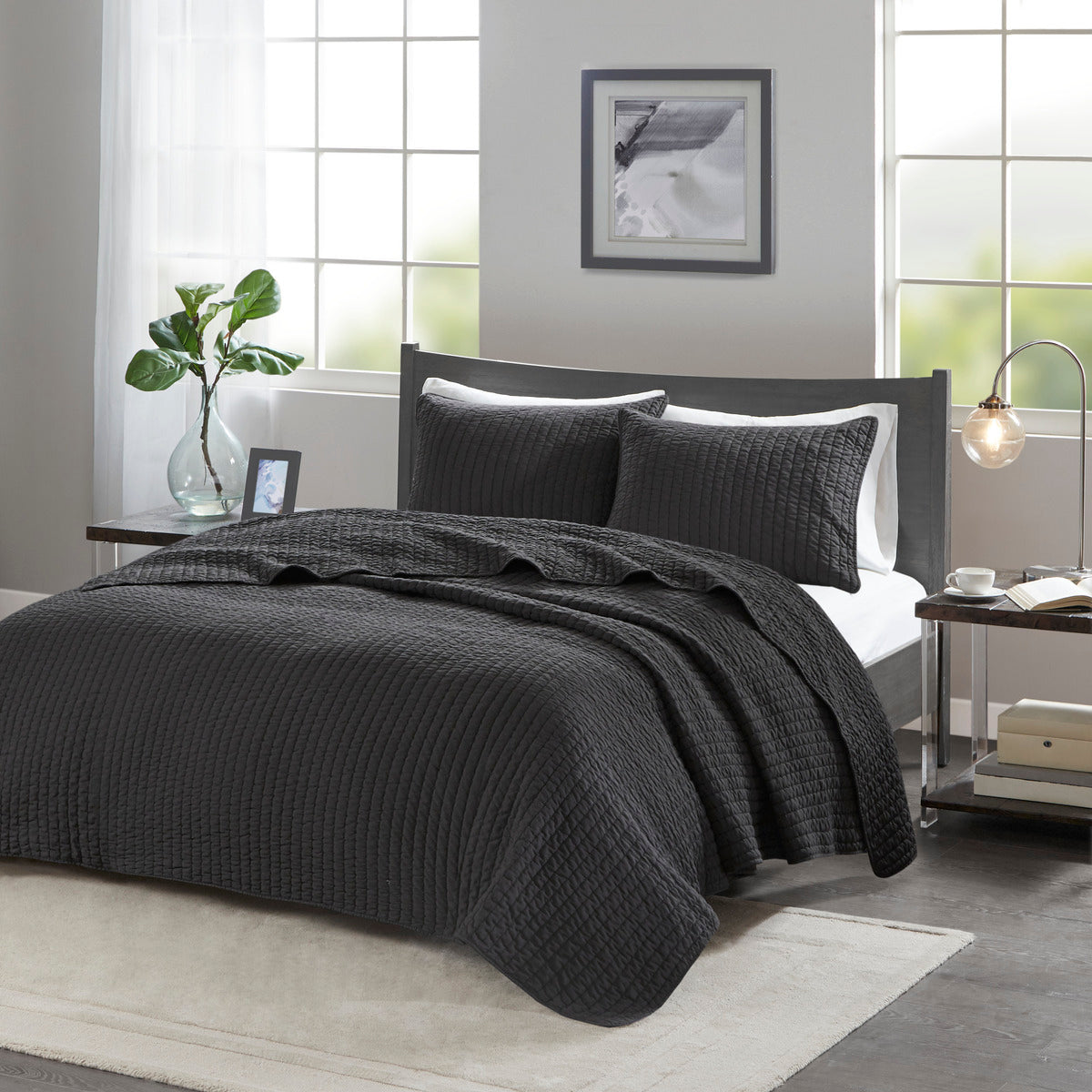 3 Piece Quilt Set Black King Cal King King Black Microfiber