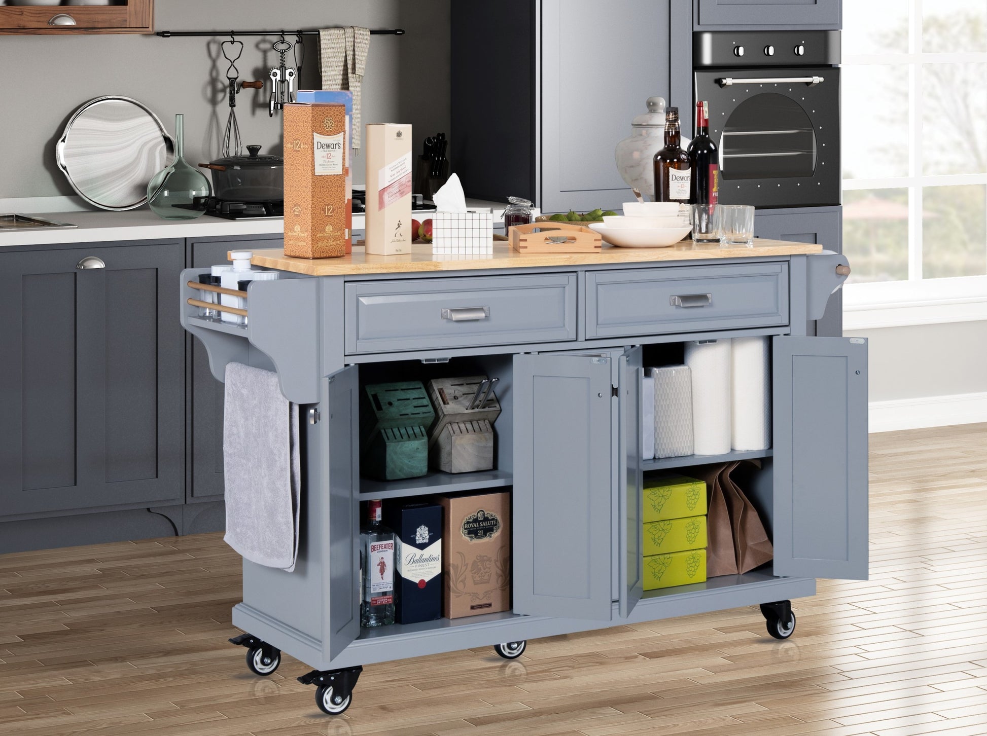 Kitchen Island With Rubber Wood Countertop, Kitchen Cart On 5 Wheels With Storage Cabinet And 2 Top Drawers And A Center Double Layered Storage Drawer For Dinning Room, Grey Grey Dining Room Rectangular Rubberwood Solid Wood Mdf Large 56 In