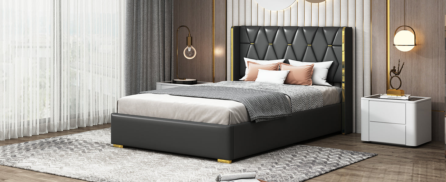 Full Size Upholstered Platform Bed With Metal Strips, Black Full Black Pu