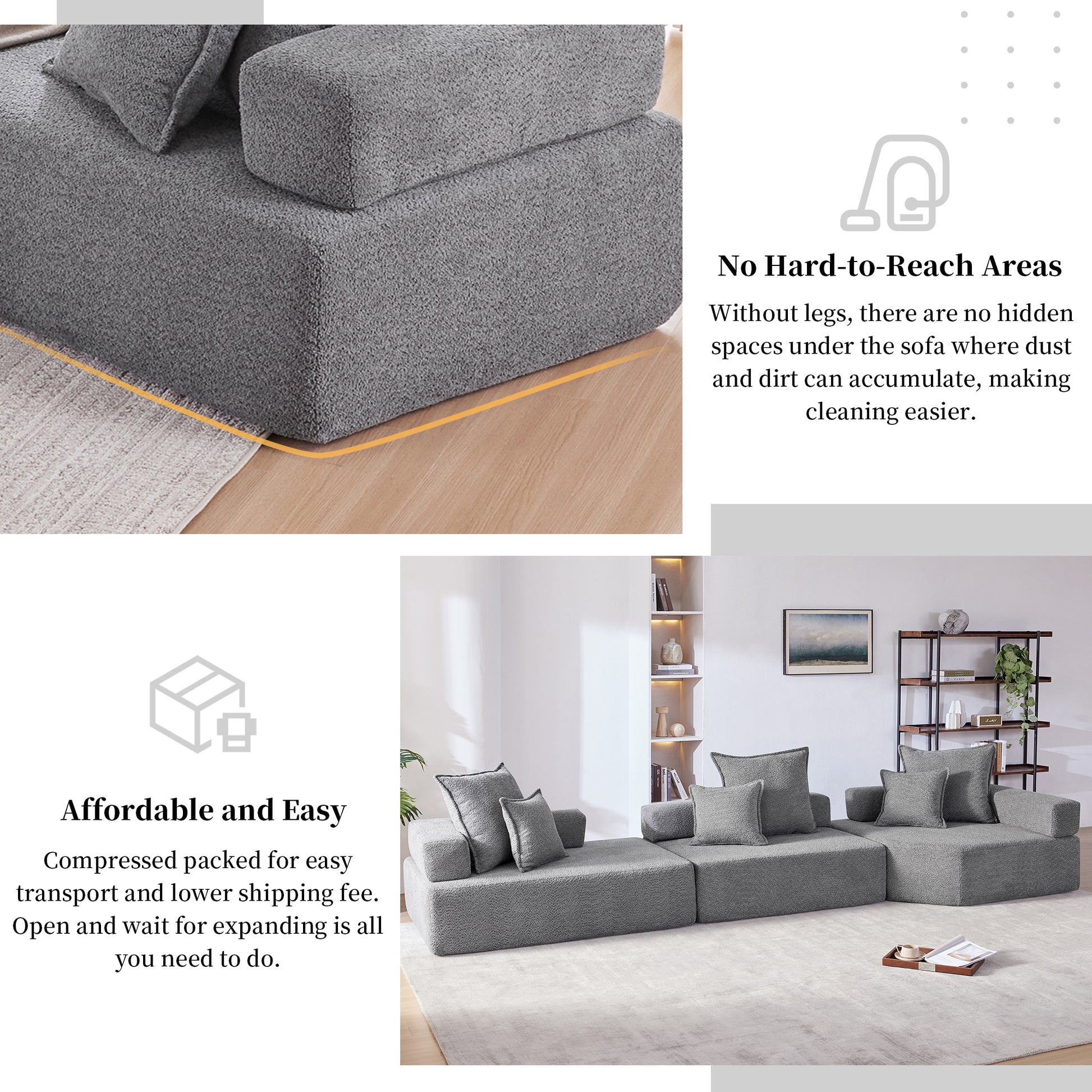 Oversized Modular Sectional Sofa,Luxury Boucle Floor Couch Set,Convertible Sleeper Couch,Spacious Foam Filled Sofa Bed For Living Room,3 Pc Free Combination,2 Colors Gray Boucle 5 Seat