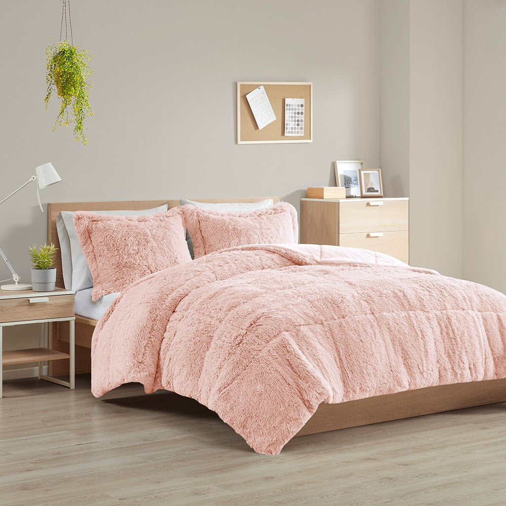 Shaggy Long Fur Comforter Mini Set Twin Blush Polyester