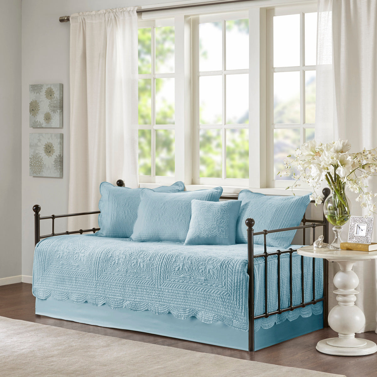 6 Piece Reversible Soped Edge Daybed Cover Set Blue Daybed Blue Polyester