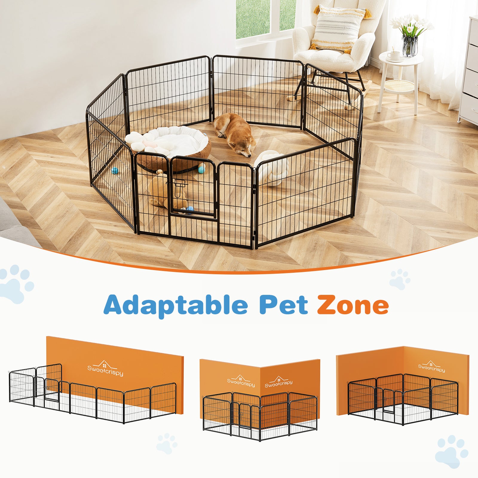 Dog Playpen Indoor With Door, Fence For Small Pet Animals, Puppy Cage With Gate For Yard Outdoor, 8 Panel 32 Inch Tall, Black Black Iron