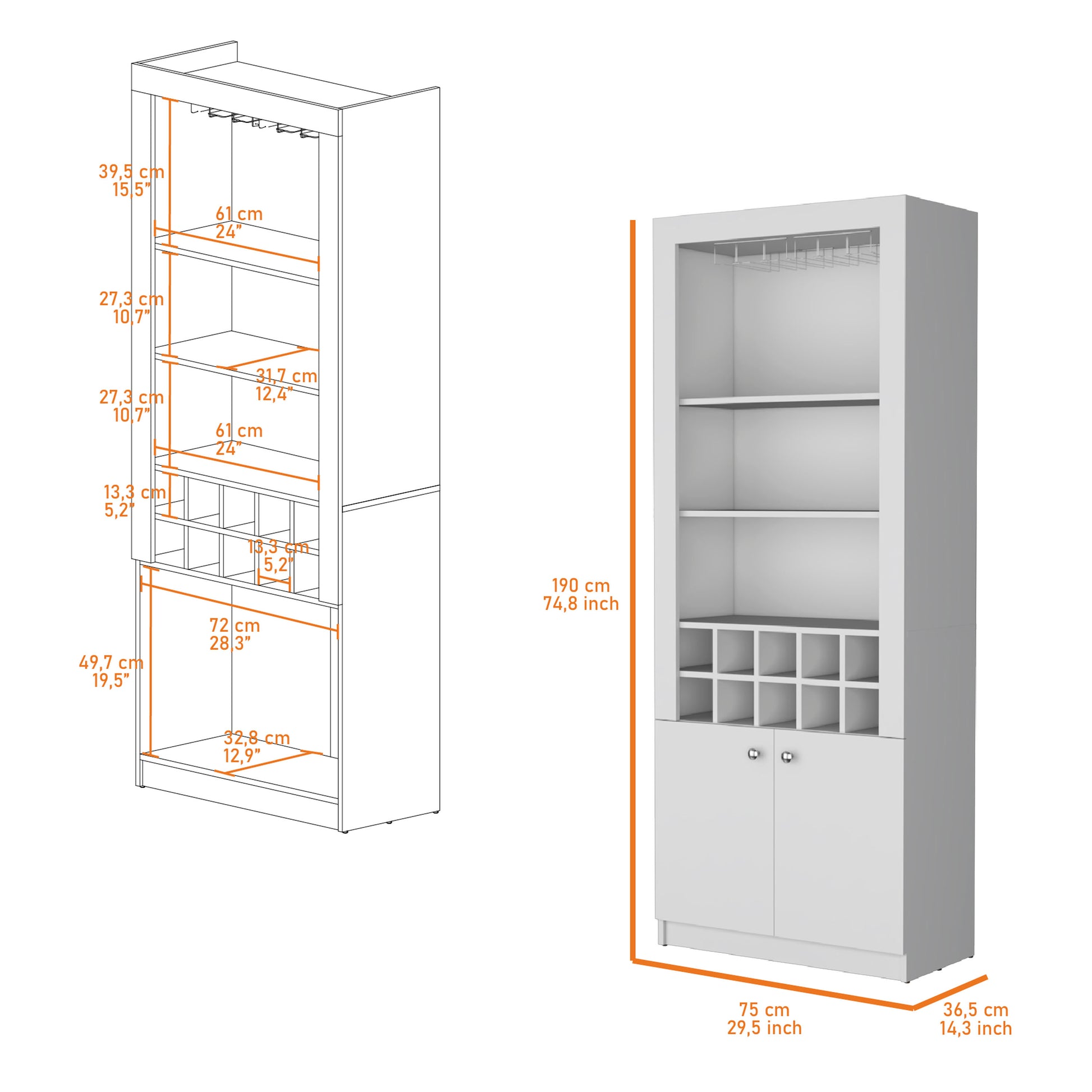 Cr Bar Cabinet, With Wine Storage And Thre Shelves Freestanding 5 Or More Spaces White Primary Living Space Open Storage Space Contemporary Particle Board Engineered Wood