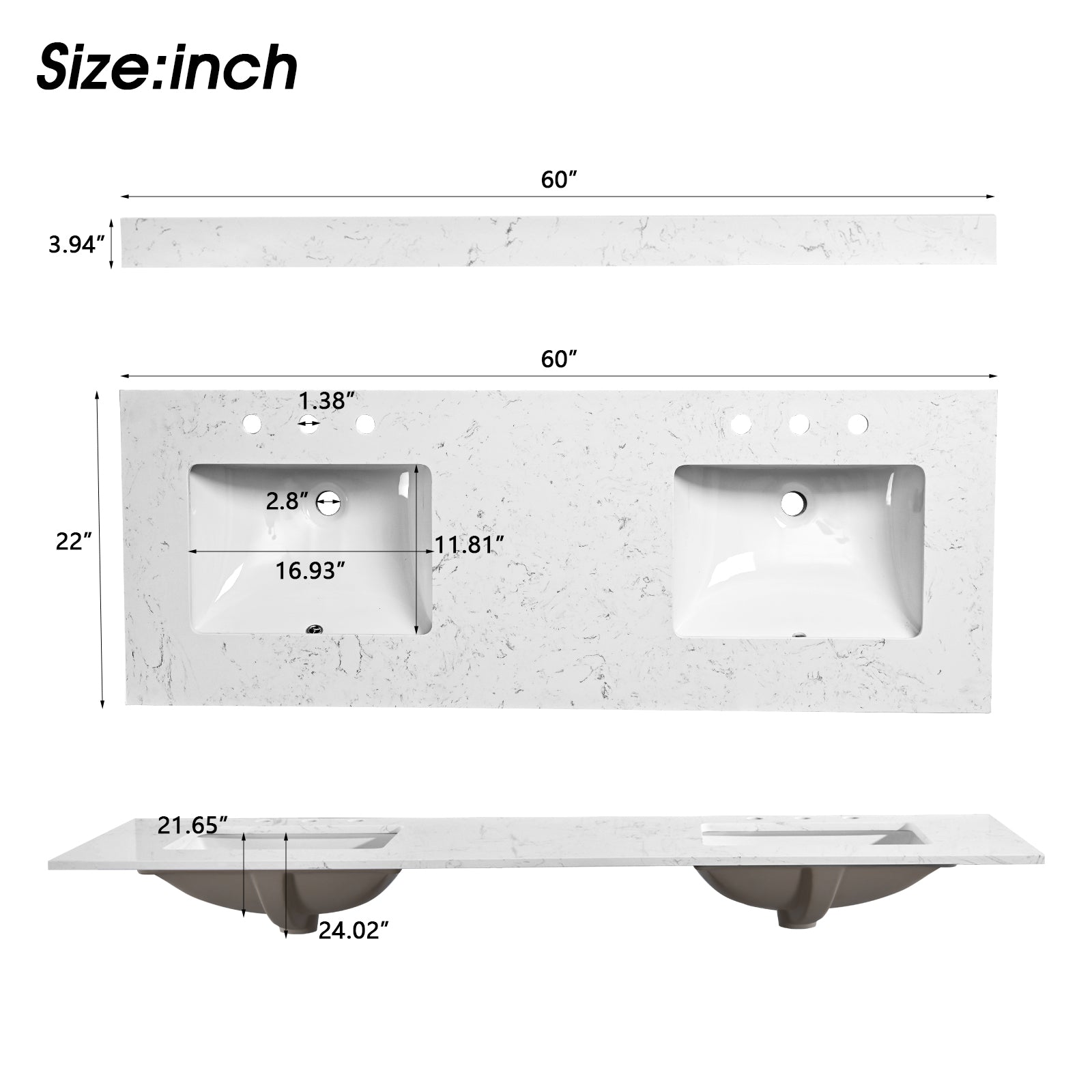 60"X 22" Bathroom Stone Vanity Top Engineered Color With Undermount Ceramic Sink And 3 Faucet Hole With Backsplash White Bathroom Stone