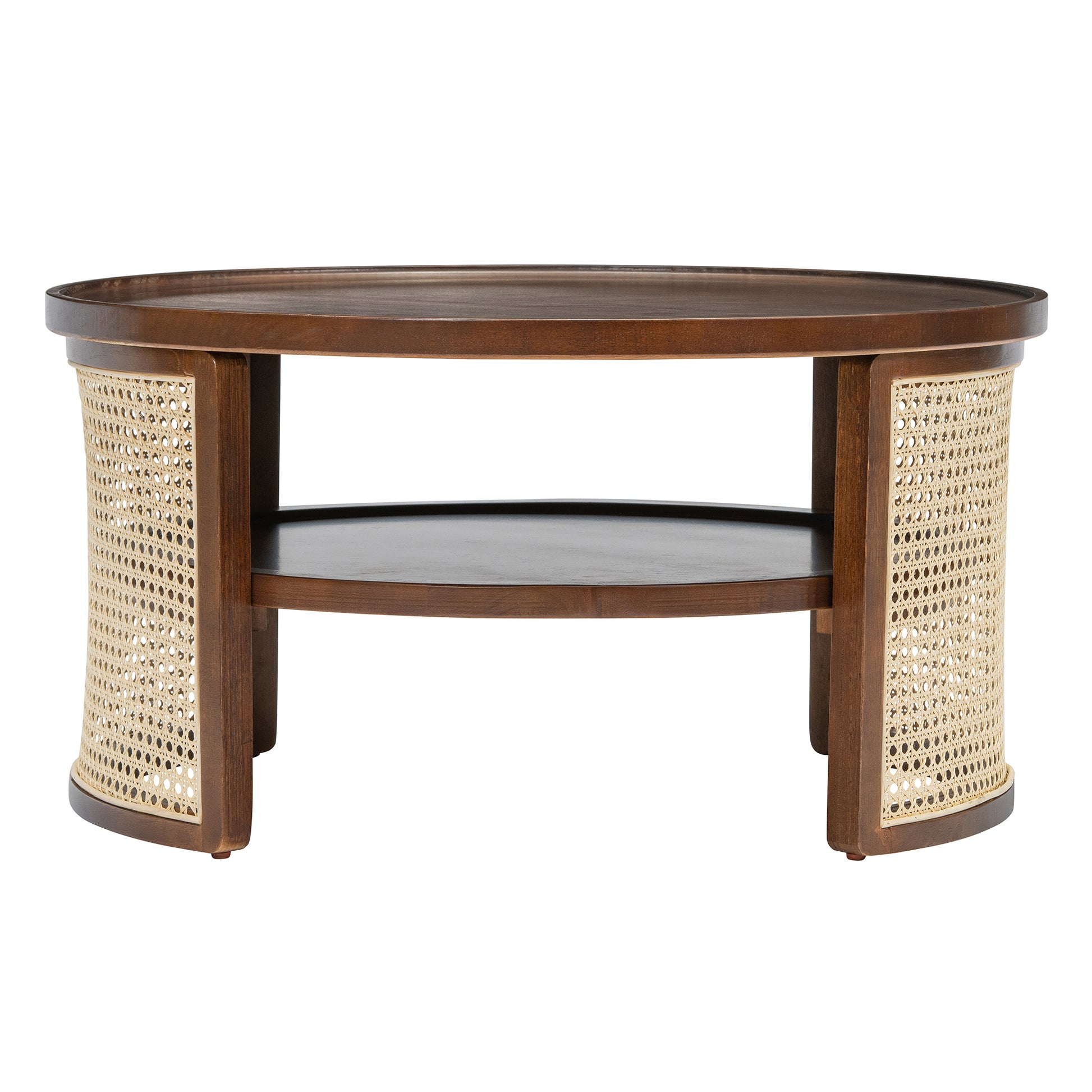 2 Tiered Round Walnut Wood Coffee Table With Storage Rattan Base In 31.3'' Walnut Rubber Wood