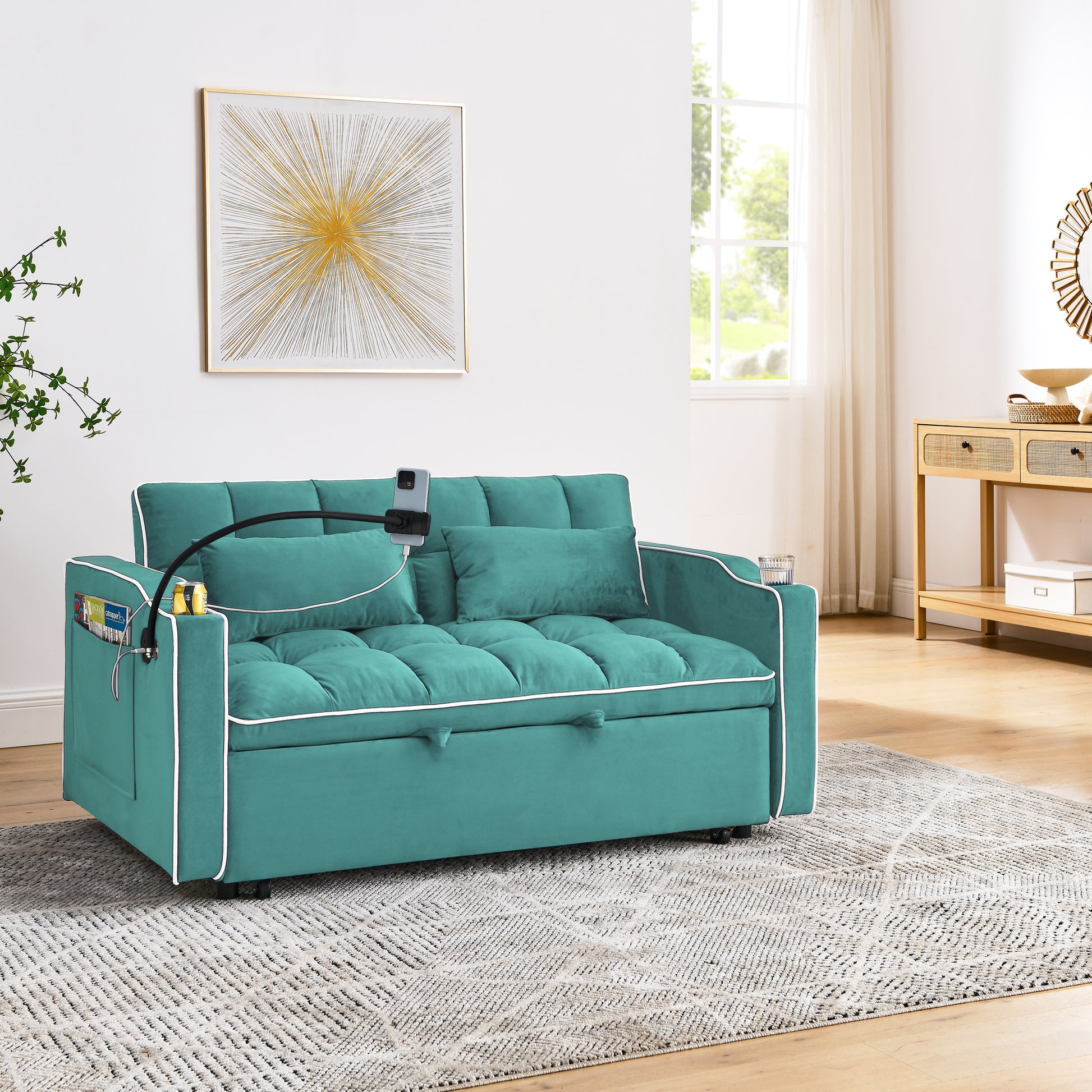 55.51 Inch Versatile Foldable Sofa Bed In 3 Lengths, Modern Sofa Sofa Sofa Velvet Pull Out Bed, Adjustable Back And With Usb Port And Ashtray And Swivel Phone Stand Green Full Antique Blue Green