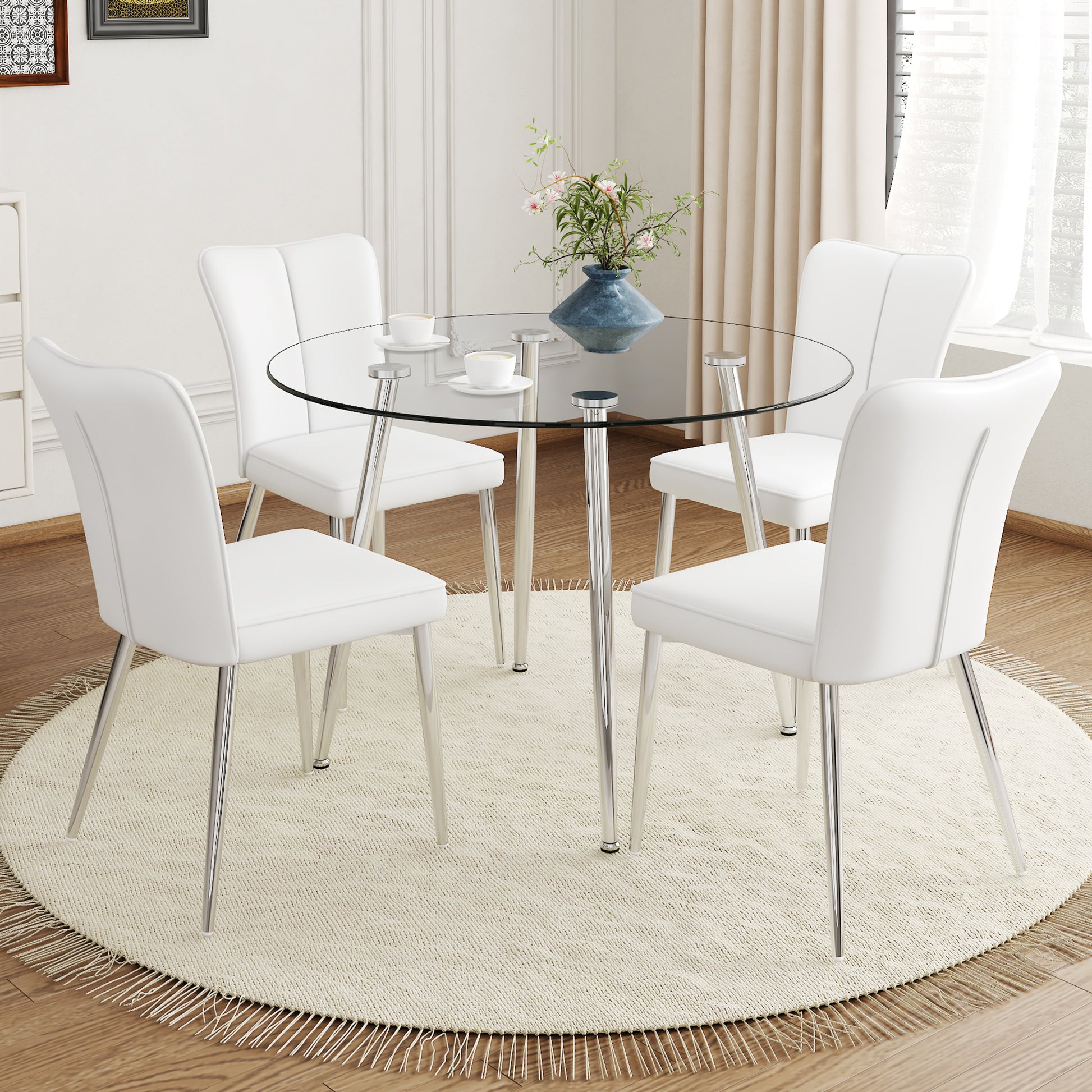 Table And Chair Set.A Modern Minimalist Round Dining Table With Transparent Tempered Glass Top And Silver Metal Legs,Paried With 4 Chairs With Pu Backrest And Seat Cushion And Silver Metal Legs. Transparent,White Seats 4 Glass Metal