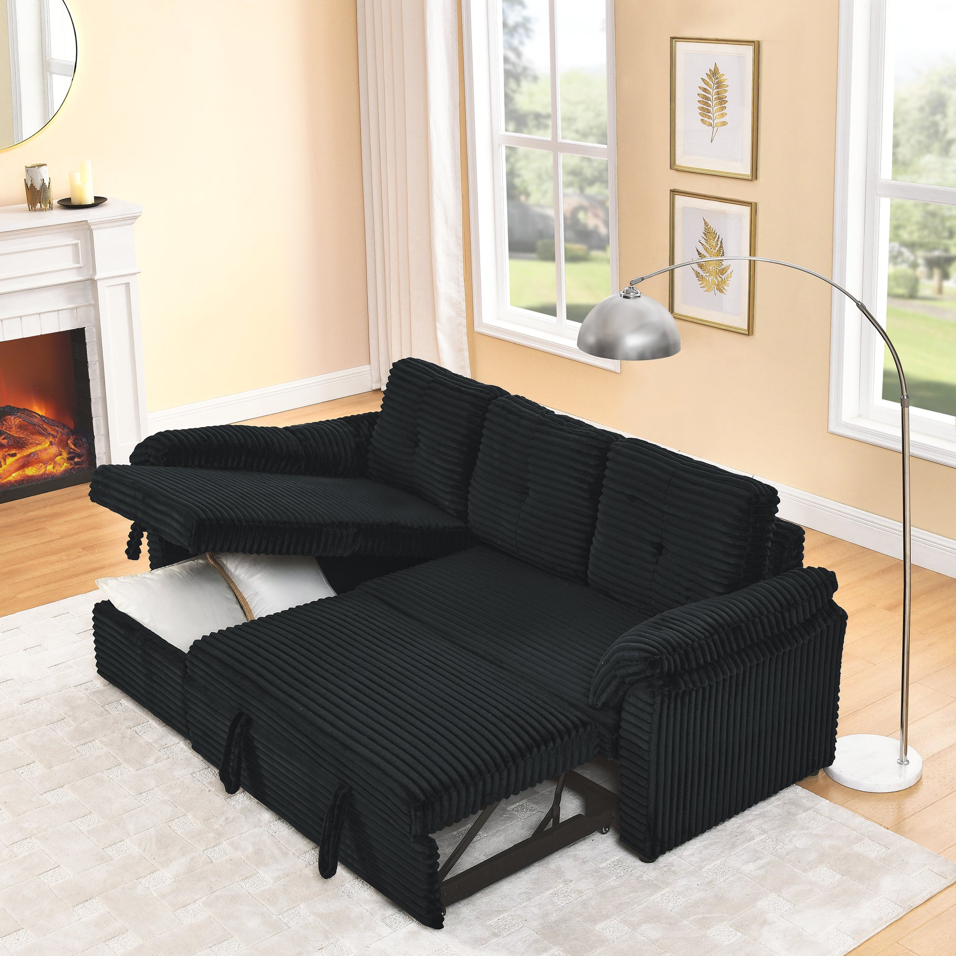 Corduroy Tufted Upholstered Sleeper Sectional Sofa, L Shaped Modular Convertible Sofa With Reversible Storage Chaise, Pull Out Sleep Couch Bed And Reclining Backrest Perfect For Living Space, Black Full Black Corduroy
