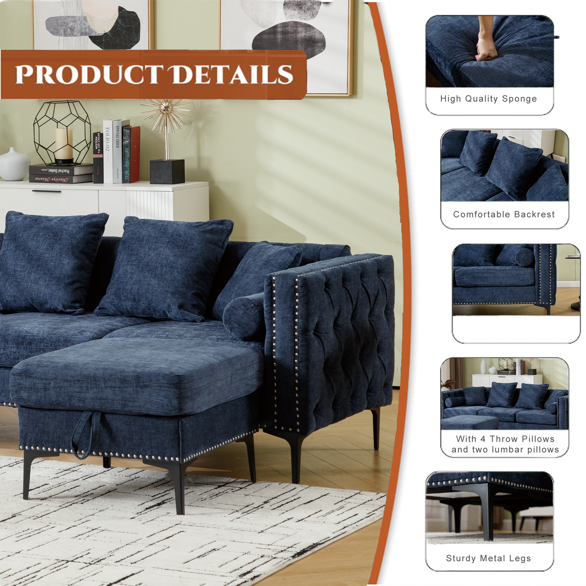 Arrived L Shaped Sectional Sofaconvertible Storage Ottoman,Chenille ,Square Arm, Modern Tufted Couch ,3 Seater, And Nailhead,Blue Blue Polyester Wood Primary Living Space Medium Soft Tufted Back Modern Square Arms Metal & Wood 4 Seat