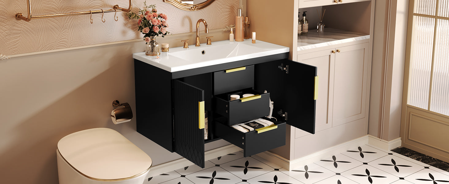 36'' Wall Mounted Bathroom Vanity With Resin Sink, Floating Bathroom Storage Cabinet With 2 Drawers, Solid Wood Bathroom Cabinet Black Bathroom Modern Mdf