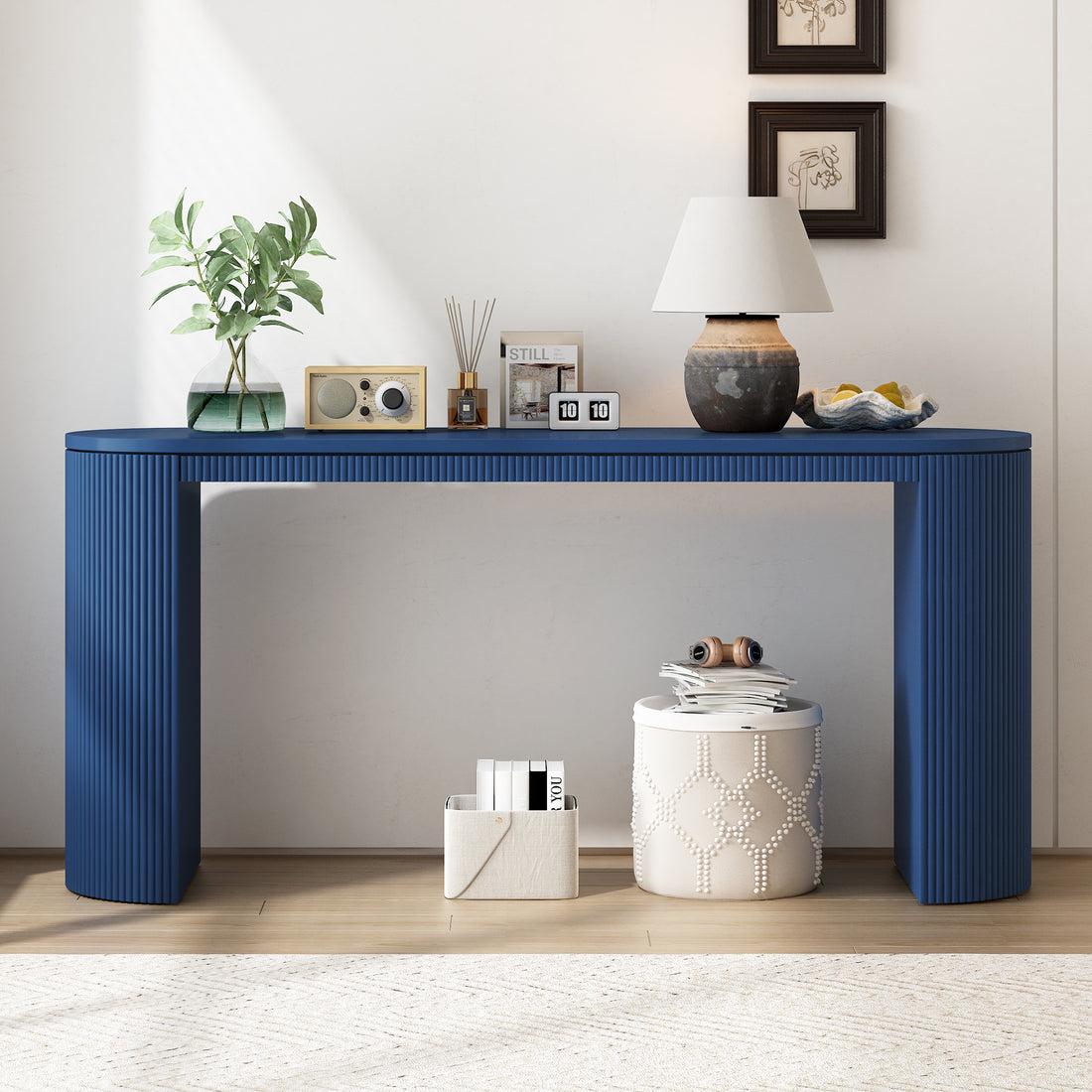 Curved Design Console Table With Unique Vertical Stripe Design ,Suitable For Living Room,Study And Entrance Navy Mdf