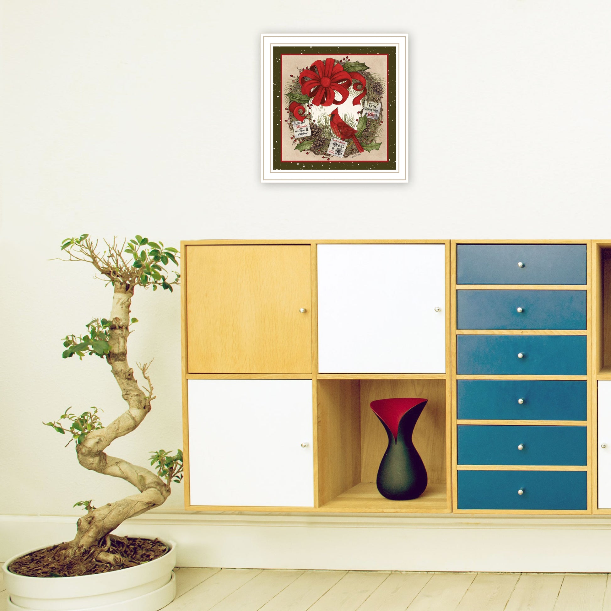 Cardinal Wreath White Framed Wall Art For Living Room, Bedroom Wall Art Print For Home Decor By Linda Spivey Multicolor Wood Paper