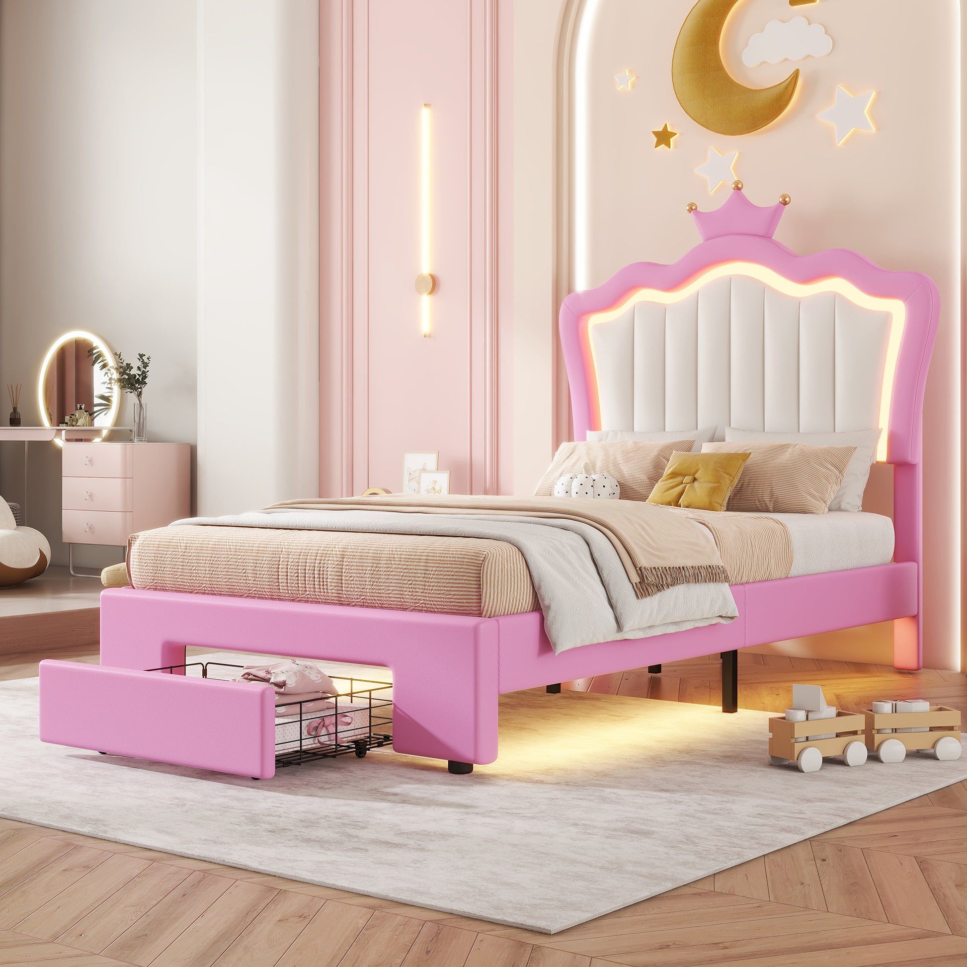 Twin Size Upholstered Bed Frame With Led Lights, Modern Upholstered Princess Bed With Crown Headboard, A Drawer, Pink White Box Spring Not Required Twin Pink White Wood Bedroom Modern Bed Frame Pu